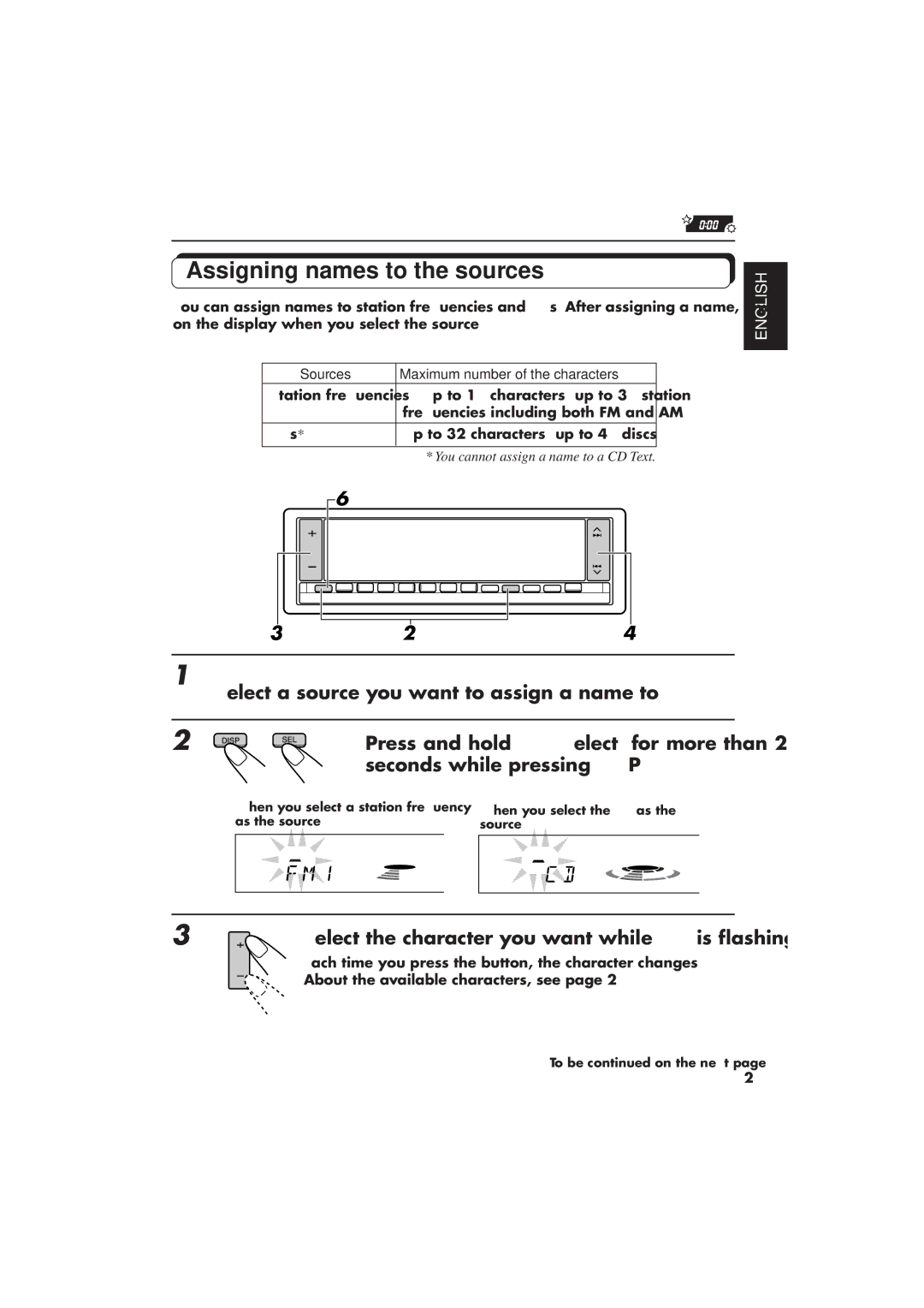 JVC KD-LX1 manual Assigning names to the sources, Sources Maximum number of the characters 