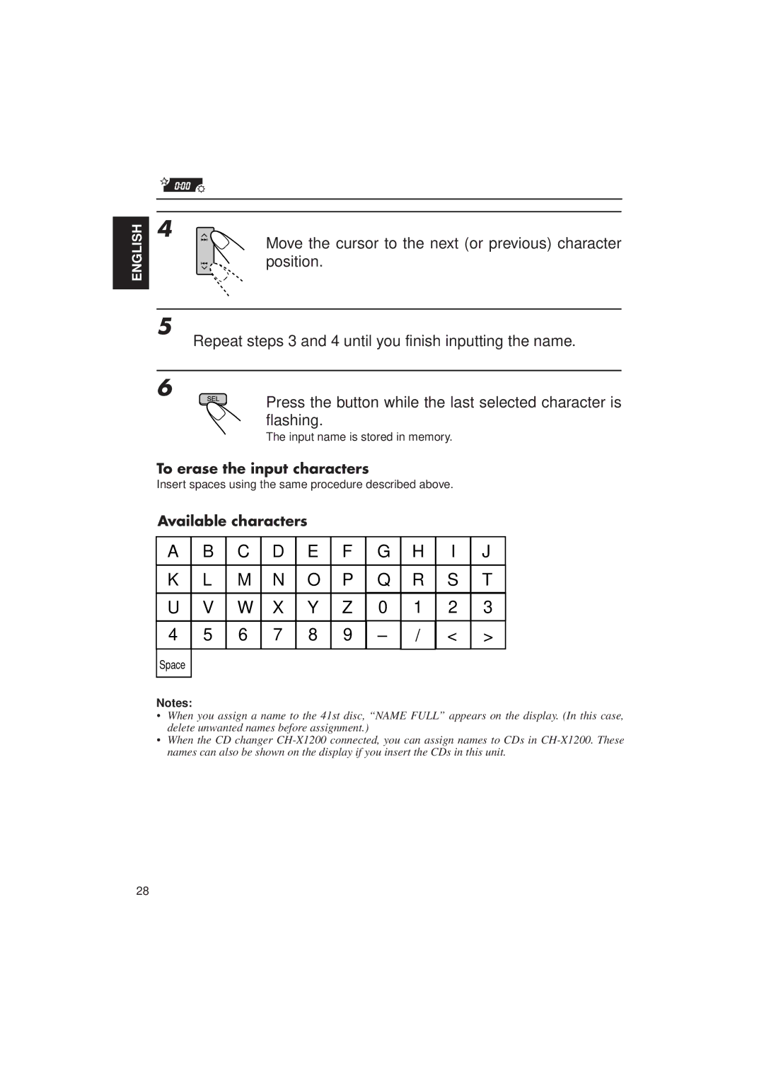 JVC KD-LX1 manual To erase the input characters, Available characters 