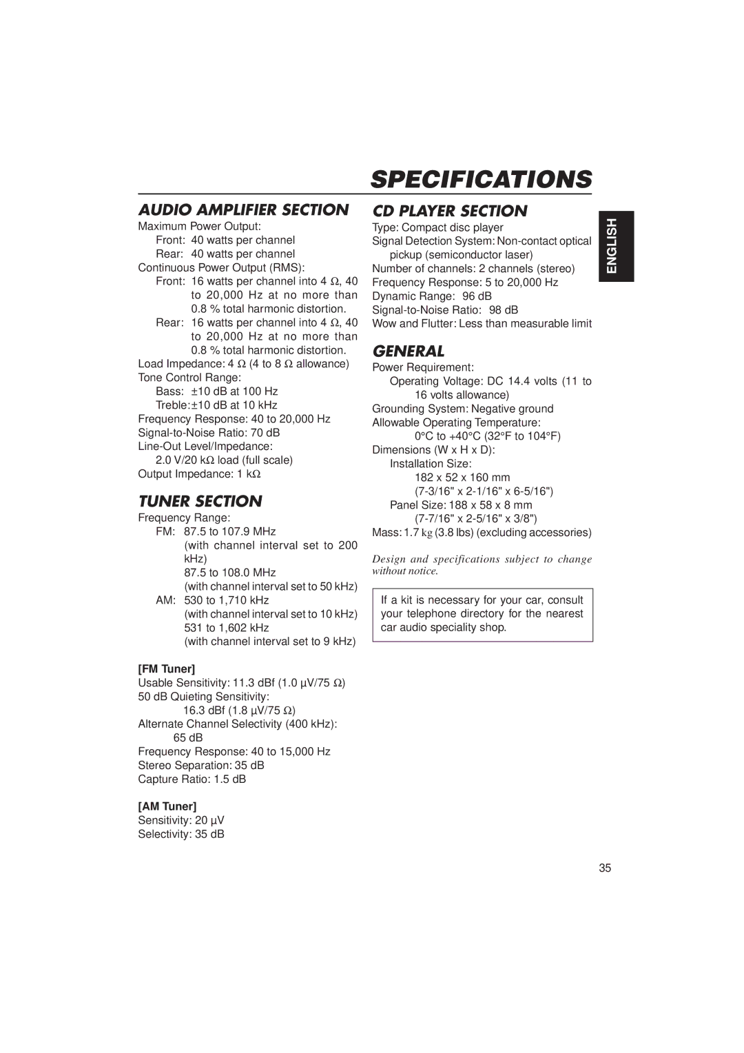 JVC KD-LX1 manual Specifications, FM Tuner, AM Tuner 