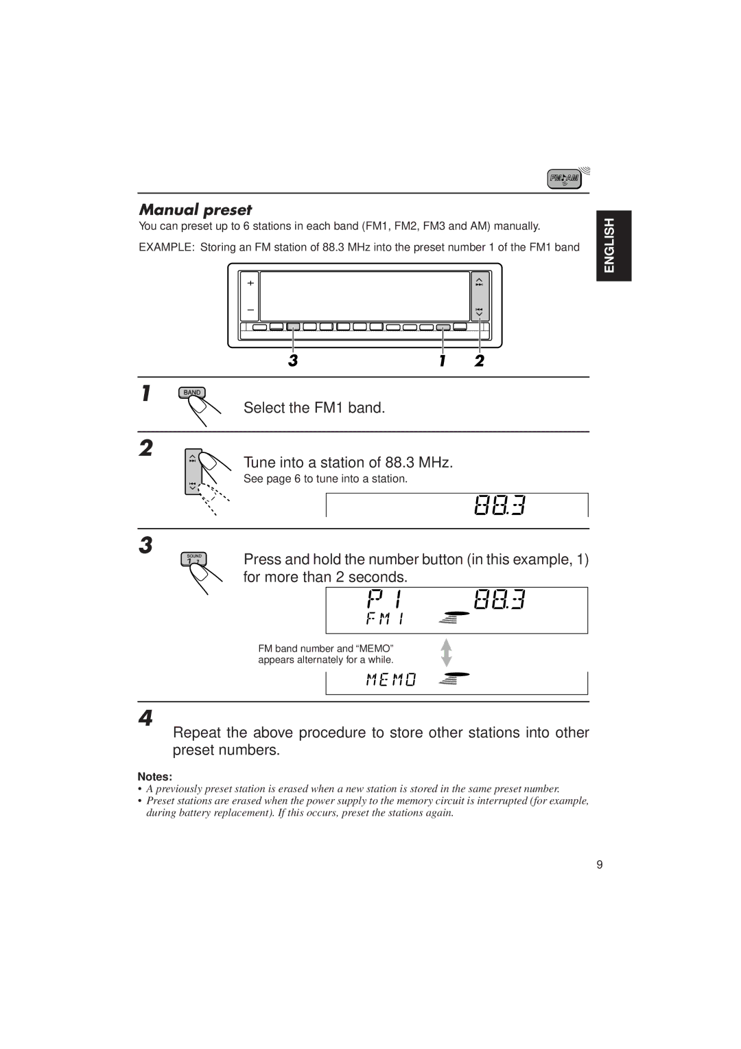 JVC KD-LX1 manual Manual preset, Select the FM1 band Tune into a station of 88.3 MHz 