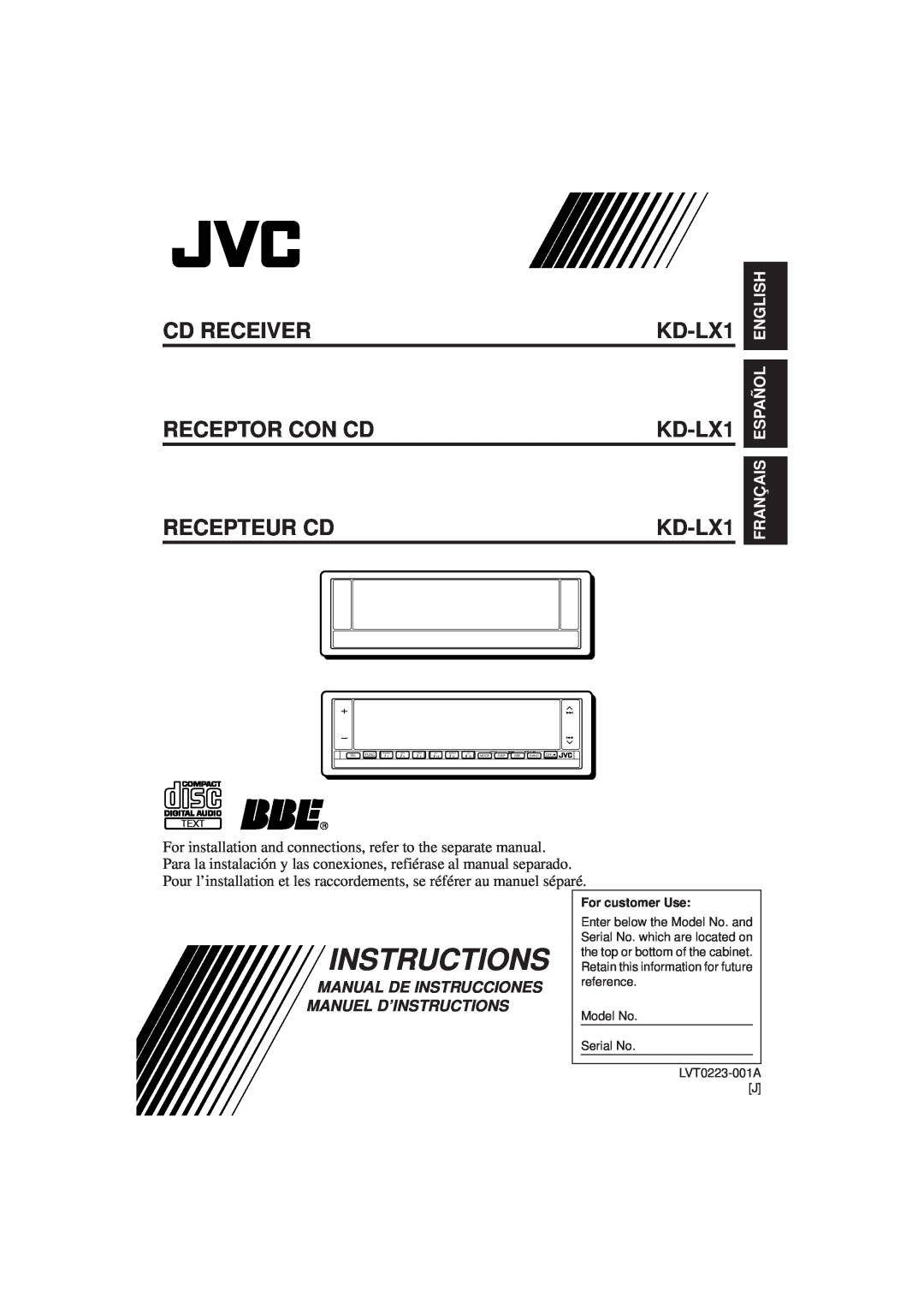 JVC manual Instructions, Français Español English, Cd Receiver Receptor Con Cd Recepteur Cd, KD-LX1 KD-LX1 KD-LX1 