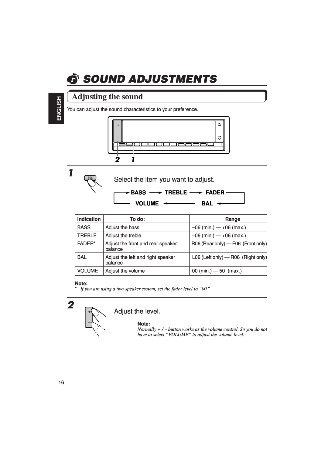 JVC KD-LX1 Sound Adjustments, Adjusting the sound, Select the item you want to adjust, Adjust the level, Bass, Treble 