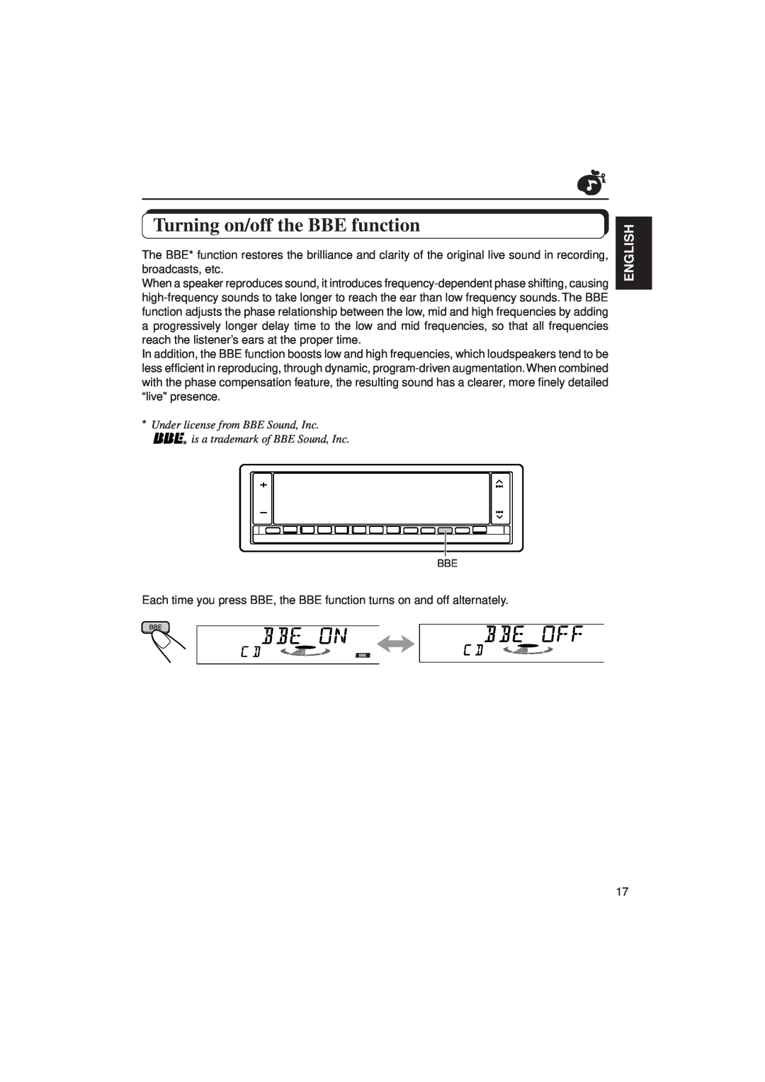 JVC KD-LX1 Turning on/off the BBE function, English, Under license from BBE Sound, Inc is a trademark of BBE Sound, Inc 