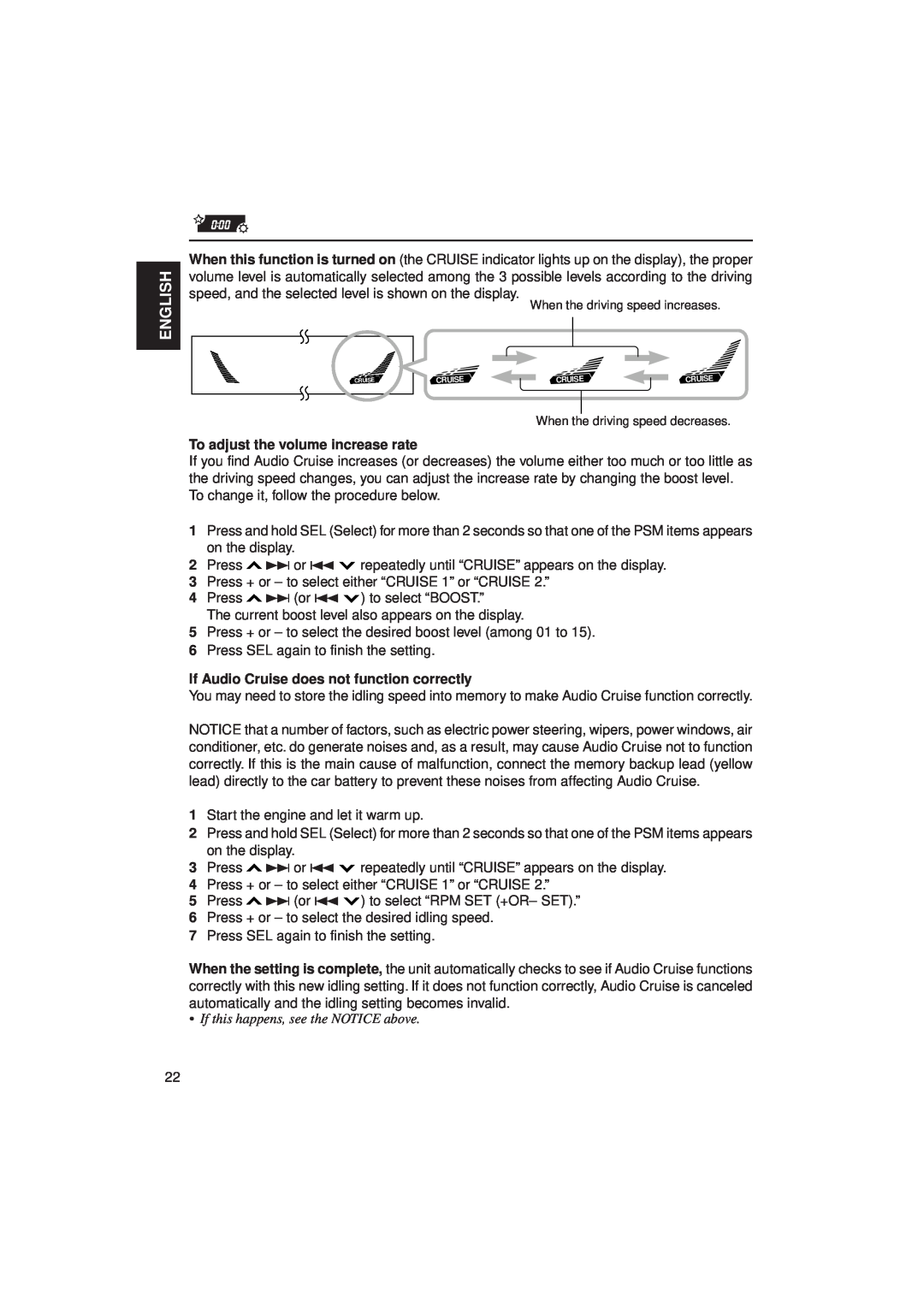 JVC KD-LX1 manual To adjust the volume increase rate, If Audio Cruise does not function correctly, English 
