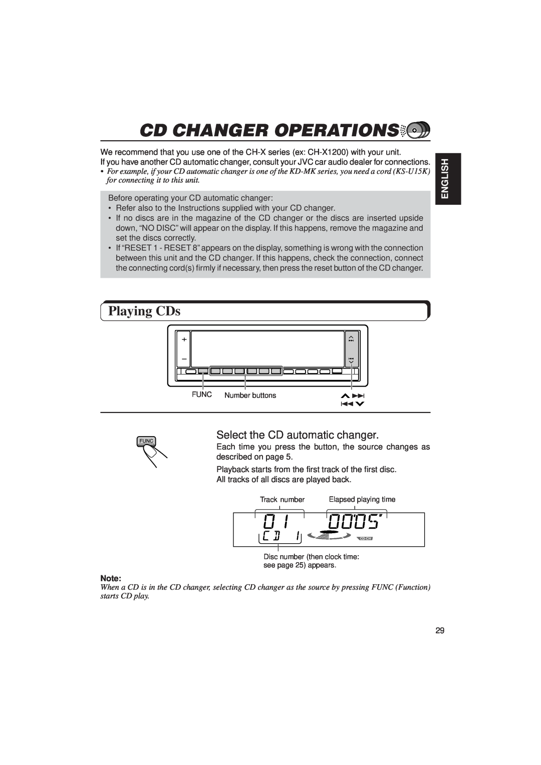 JVC KD-LX1 manual Cd Changer Operations, Playing CDs, Select the CD automatic changer, English 