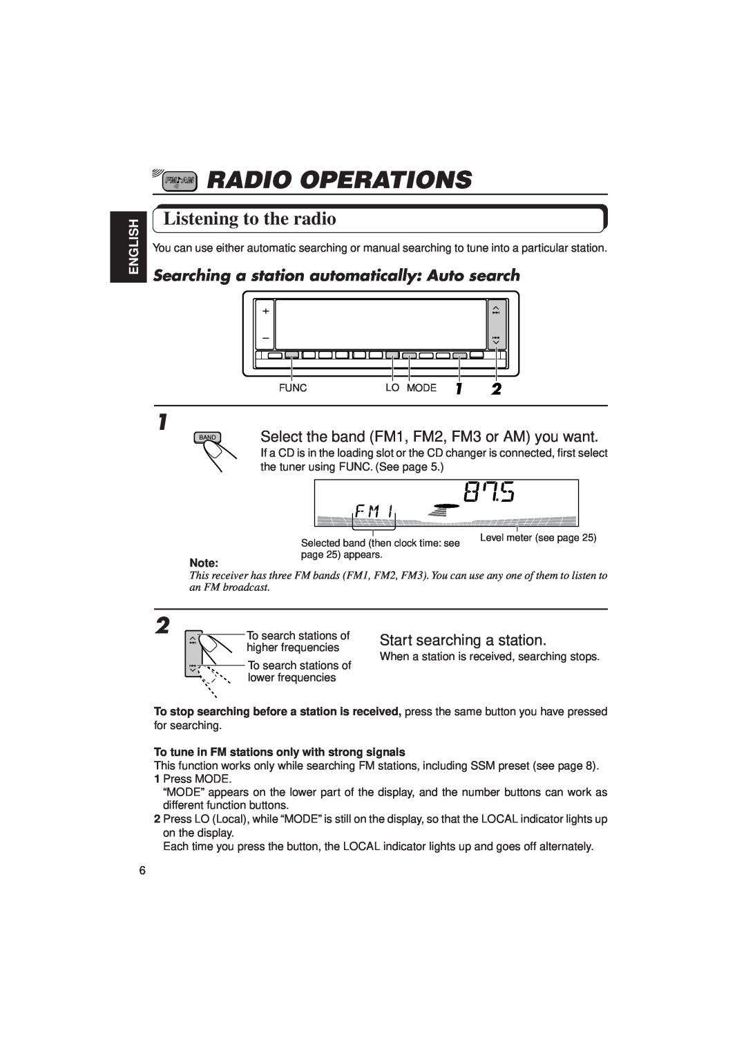 JVC KD-LX1 manual Radio Operations, Listening to the radio, Searching a station automatically Auto search, English 