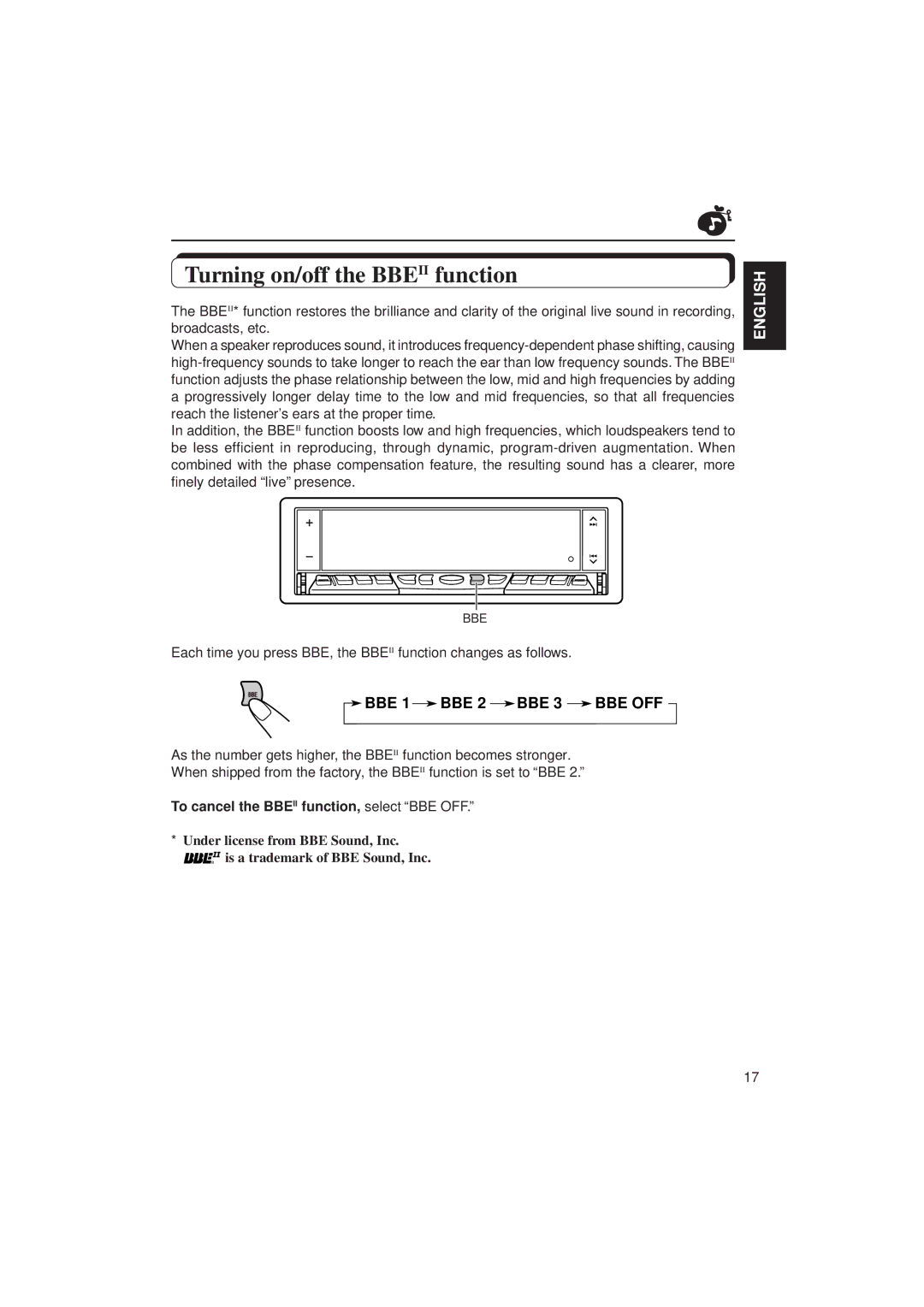 JVC KD-LX10 manual Turning on/off the Bbeii function, To cancel the Bbeii function, select BBE OFF 