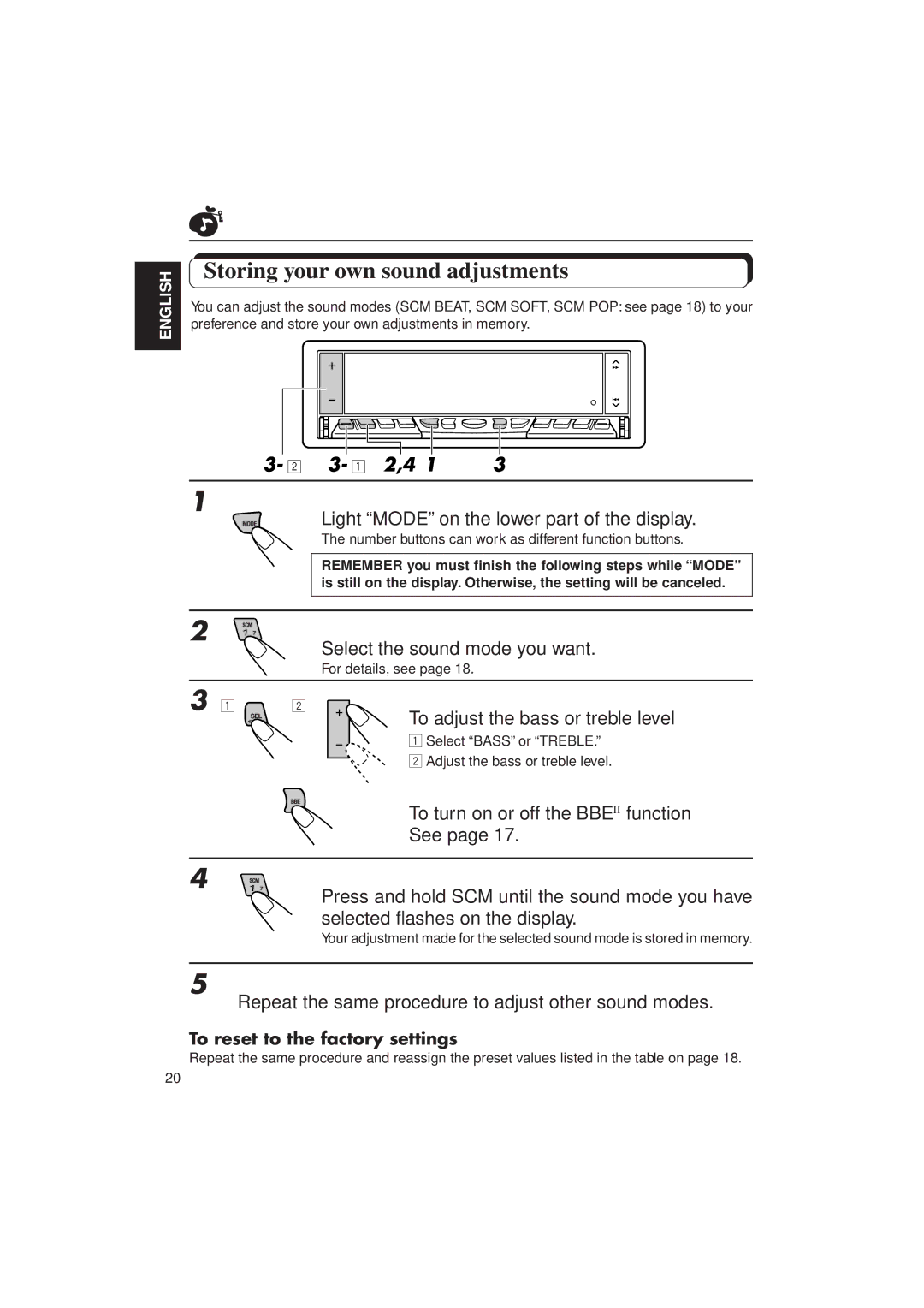 JVC KD-LX10 manual Storing your own sound adjustments, 3- 1 2,4, To adjust the bass or treble level 