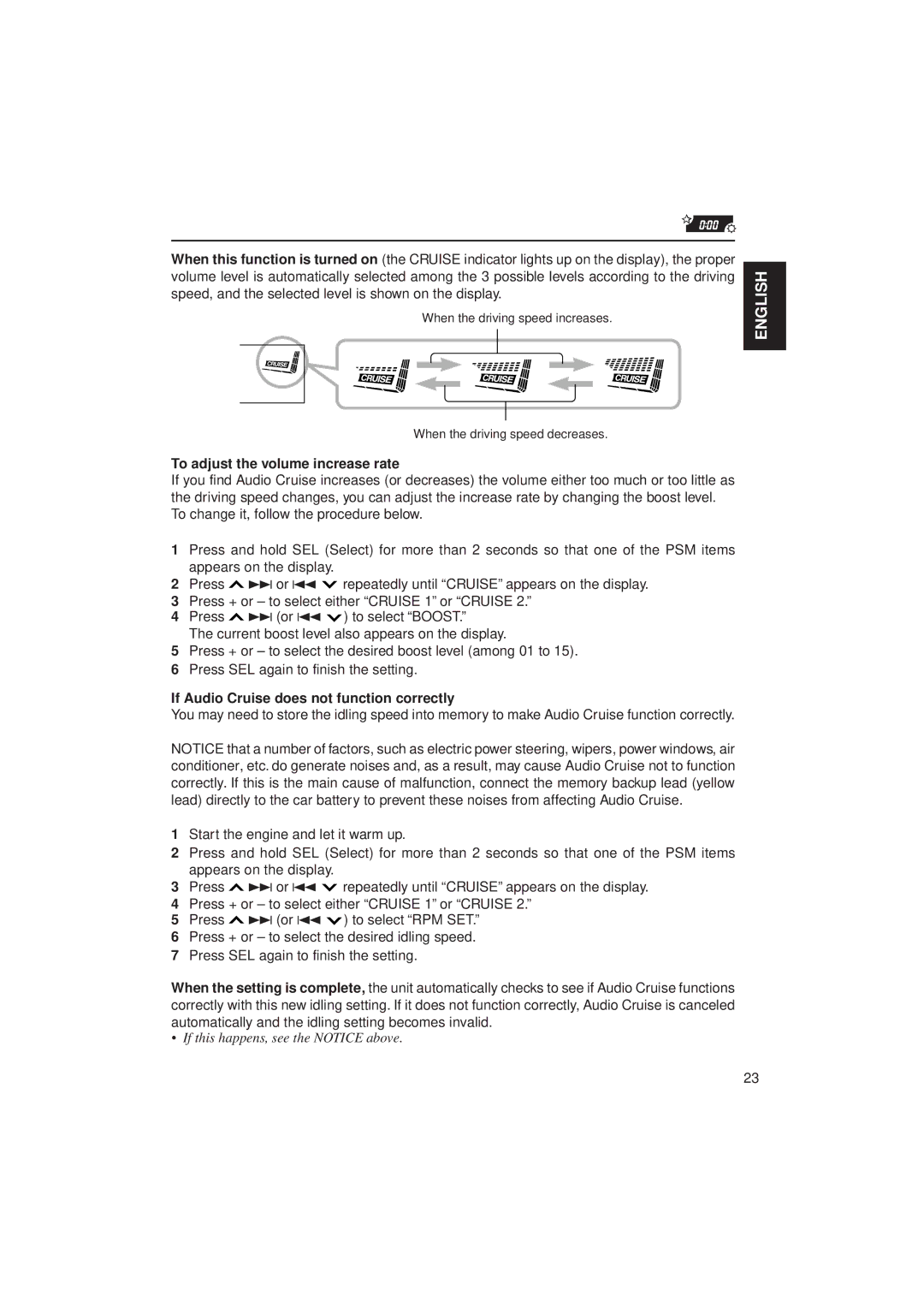 JVC KD-LX10 manual To adjust the volume increase rate, If Audio Cruise does not function correctly 