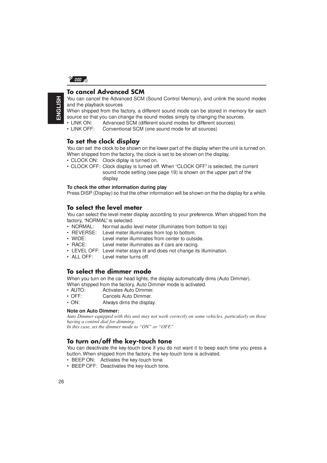 JVC KD-LX10 manual To cancel Advanced SCM, To set the clock display, To select the level meter, To select the dimmer mode 