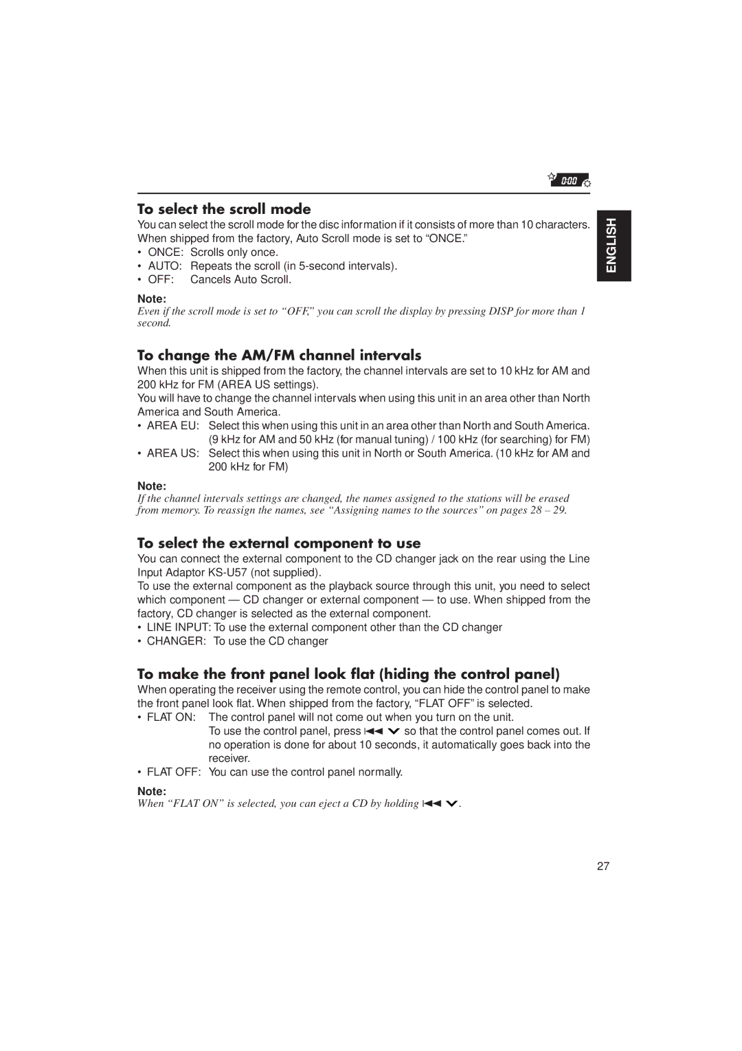 JVC KD-LX10 To select the scroll mode, To change the AM/FM channel intervals, To select the external component to use 