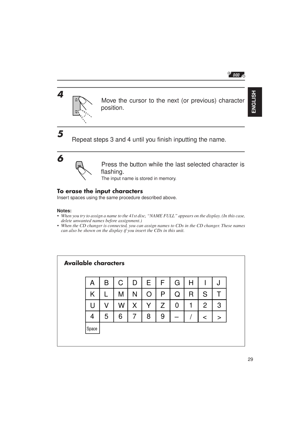 JVC KD-LX10 manual To erase the input characters, Available characters 