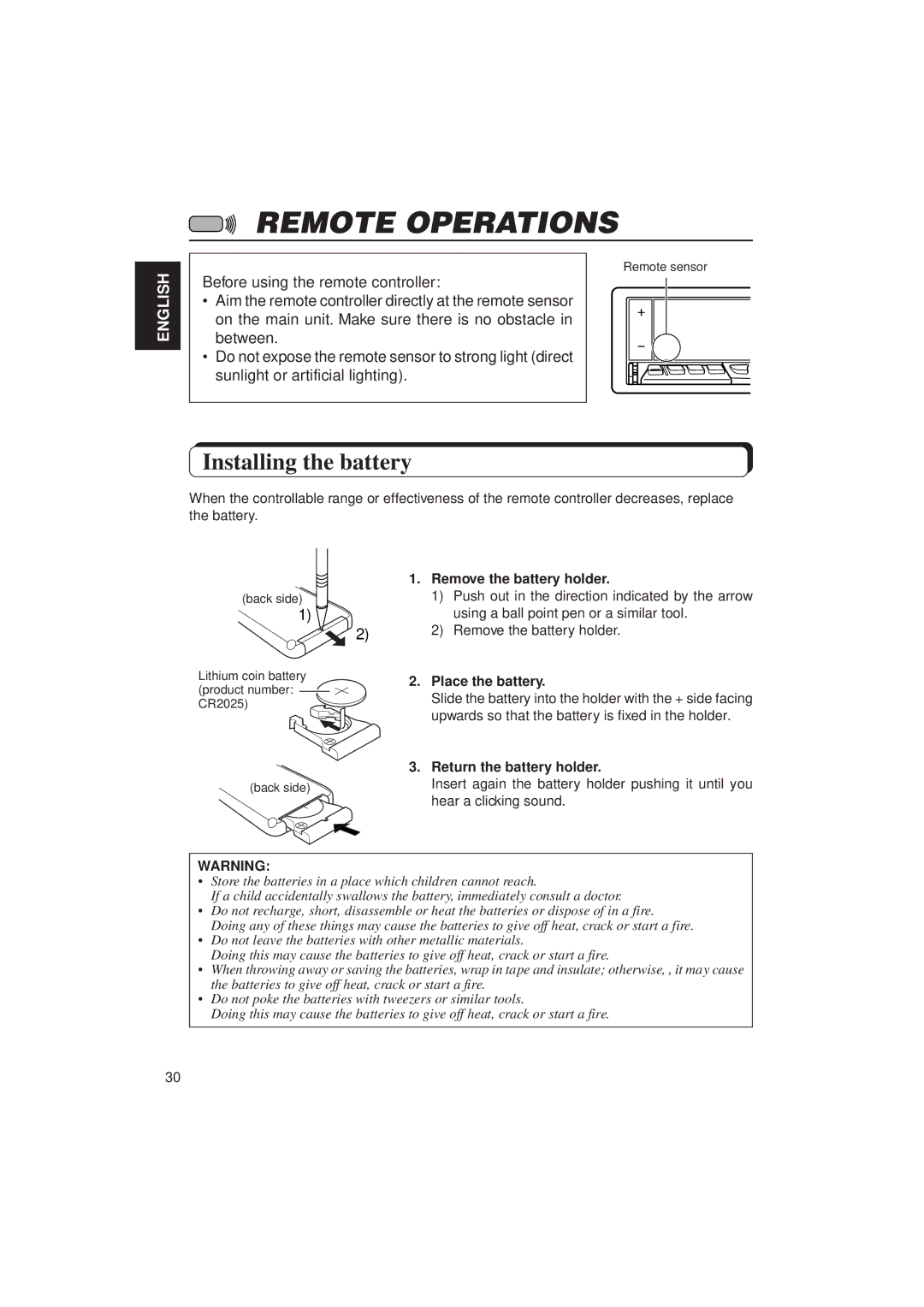 JVC KD-LX10 manual Remote Operations, Installing the battery, Remove the battery holder, Place the battery 