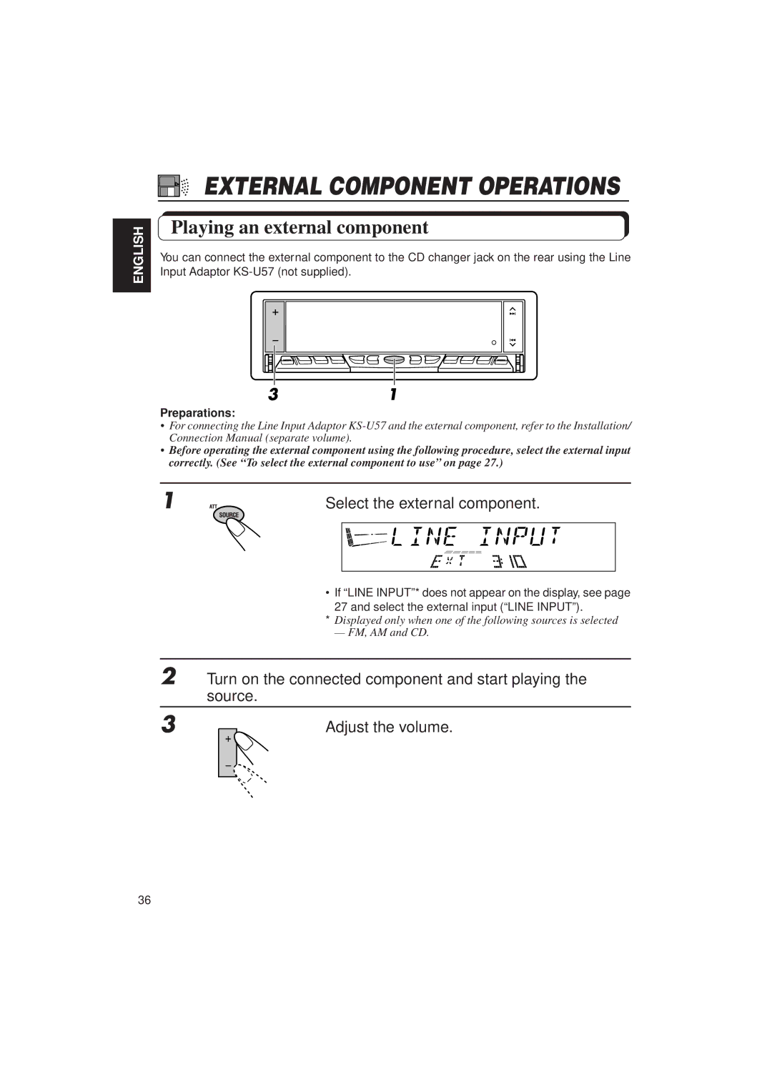 JVC KD-LX10 manual Playing an external component, Select the external component, Preparations 