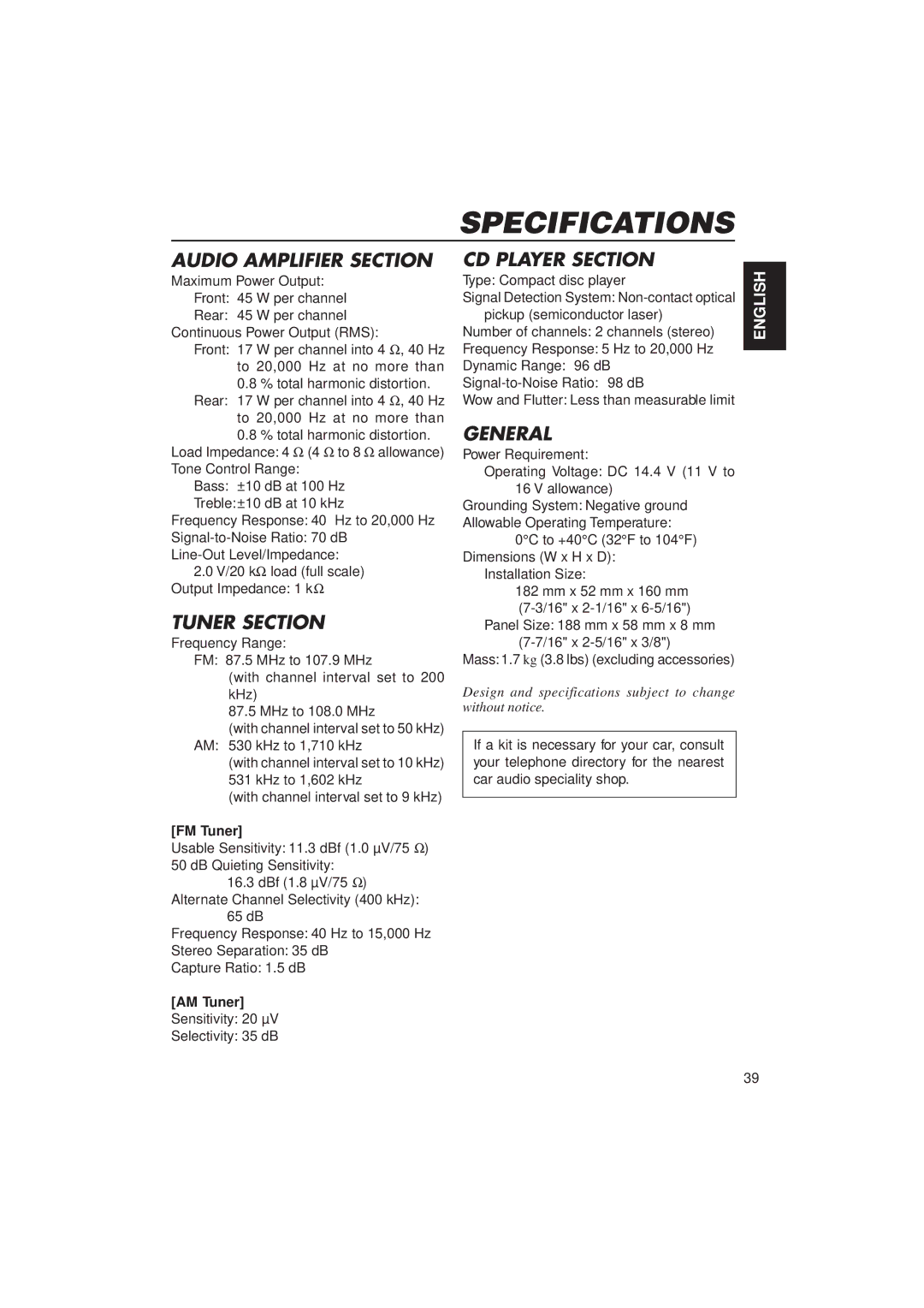 JVC KD-LX10 manual Specifications, FM Tuner, AM Tuner 