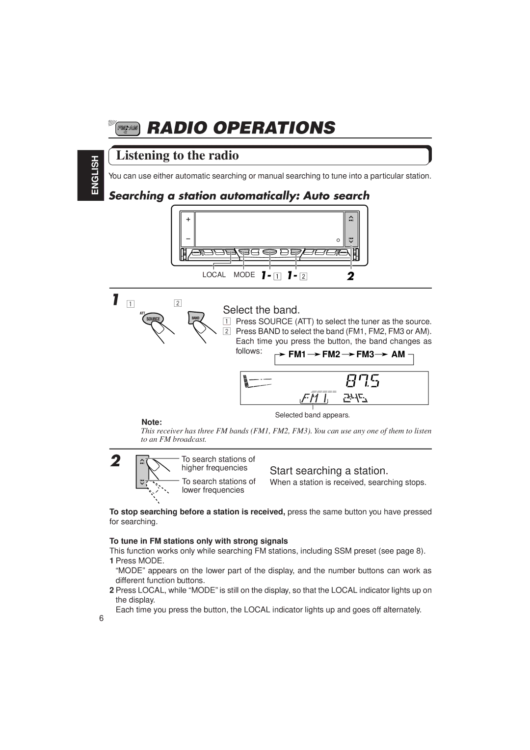 JVC KD-LX10 manual Radio Operations, Listening to the radio, Searching a station automatically Auto search, Mode 1- 1 1 