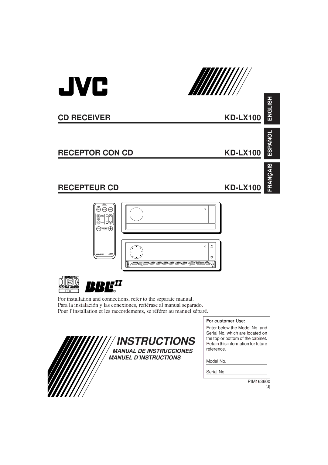 JVC KD-LX100 manual For customer Use 