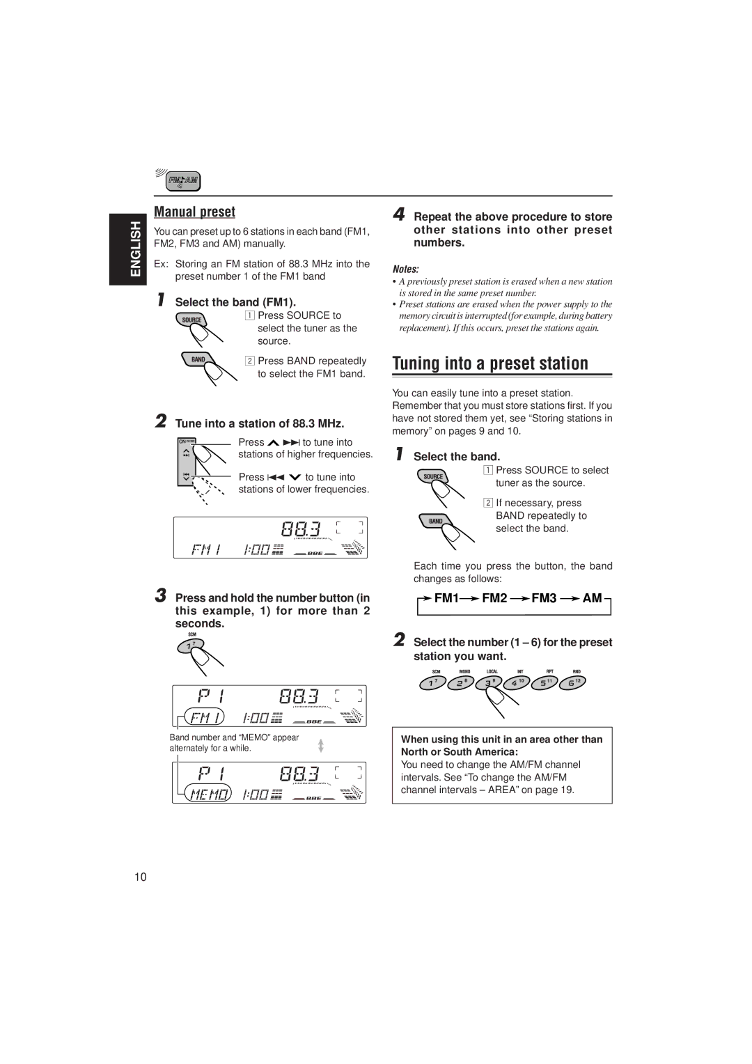 JVC KD-LX100 manual Tuning into a preset station, Manual preset, Select the band FM1, Tune into a station of 88.3 MHz 