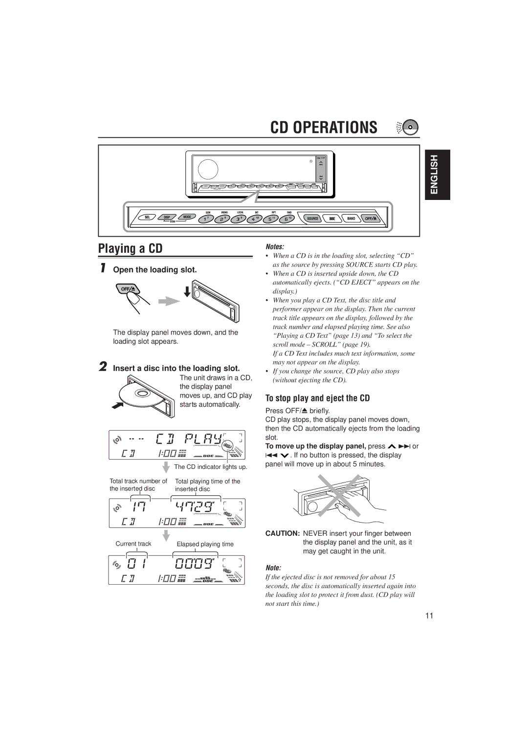 JVC KD-LX100 manual Playing a CD, To stop play and eject the CD, Open the loading slot, Insert a disc into the loading slot 