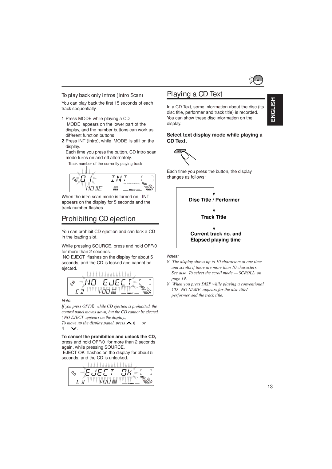 JVC KD-LX100 manual Prohibiting CD ejection, Playing a CD Text, To play back only intros Intro Scan 