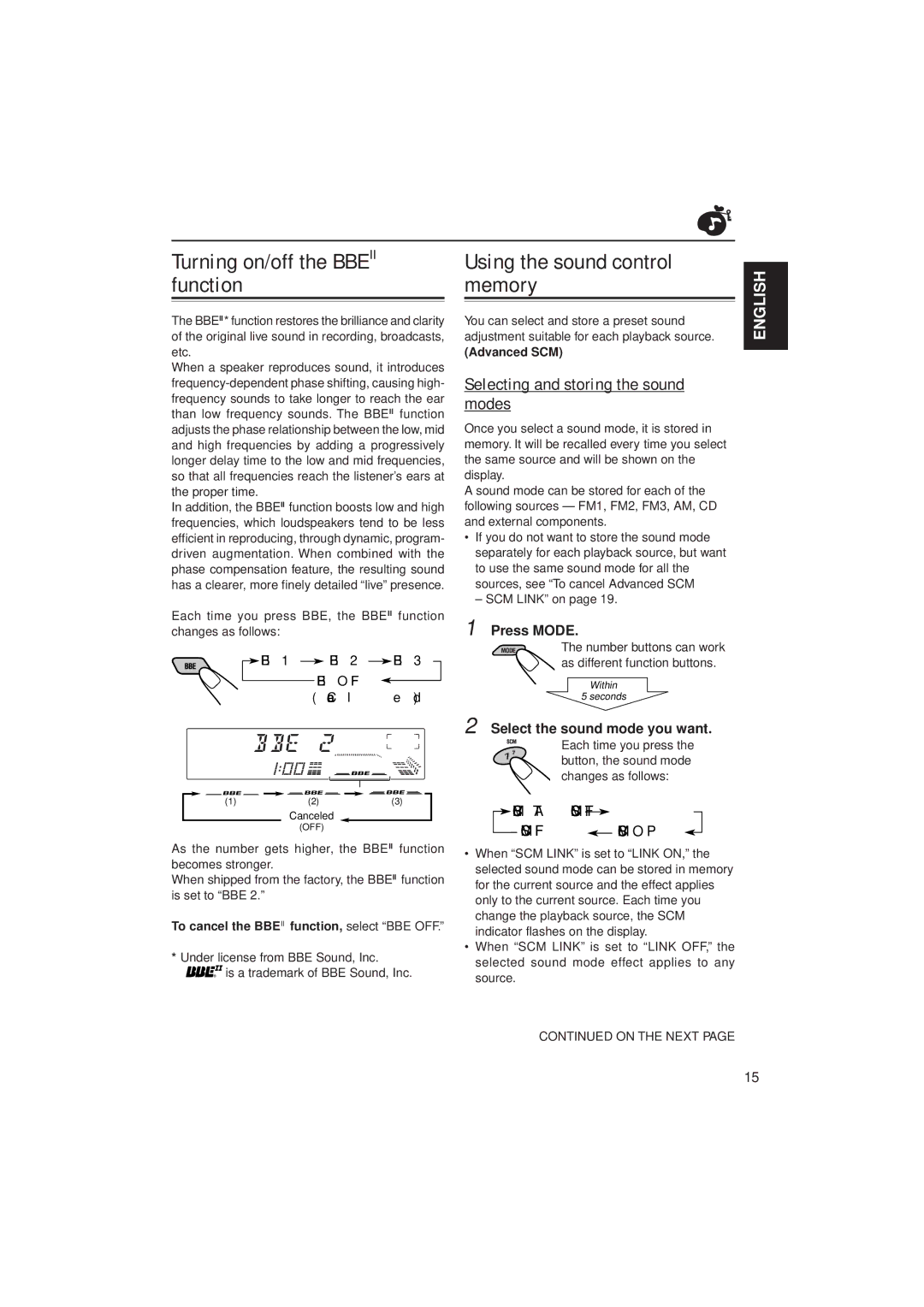 JVC KD-LX100 Turning on/off the Bbeii function, Using the sound control memory, Selecting and storing the sound modes 