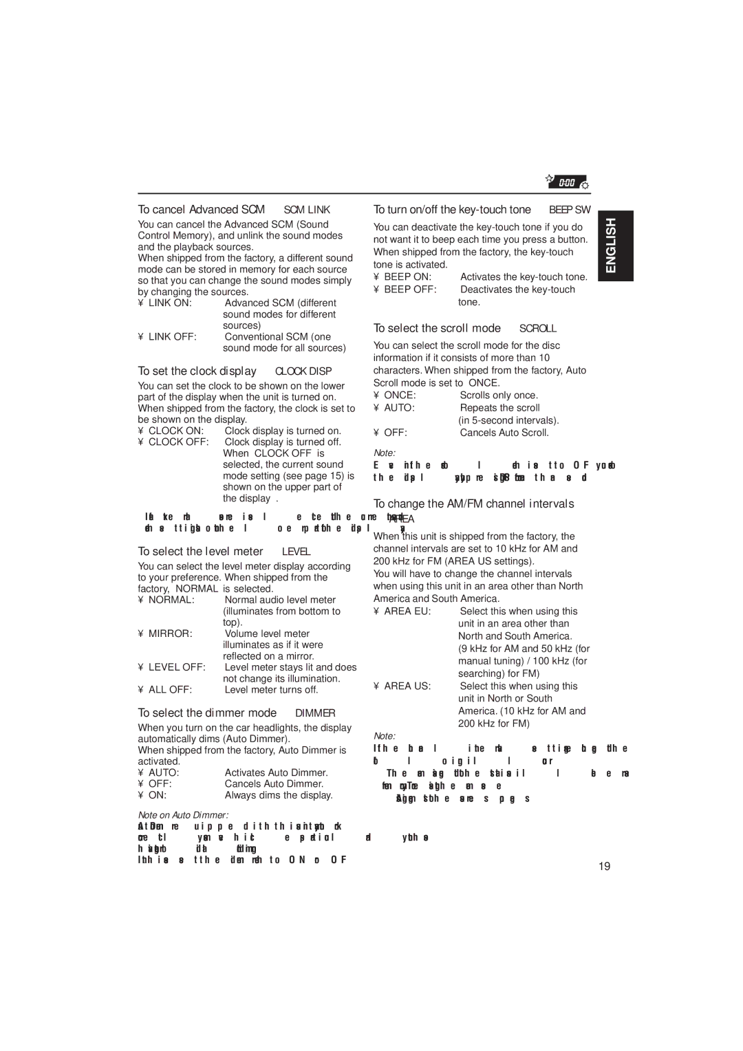 JVC KD-LX100 manual To cancel Advanced SCM SCM Link, To set the clock display Clock Disp, To select the level meter Level 