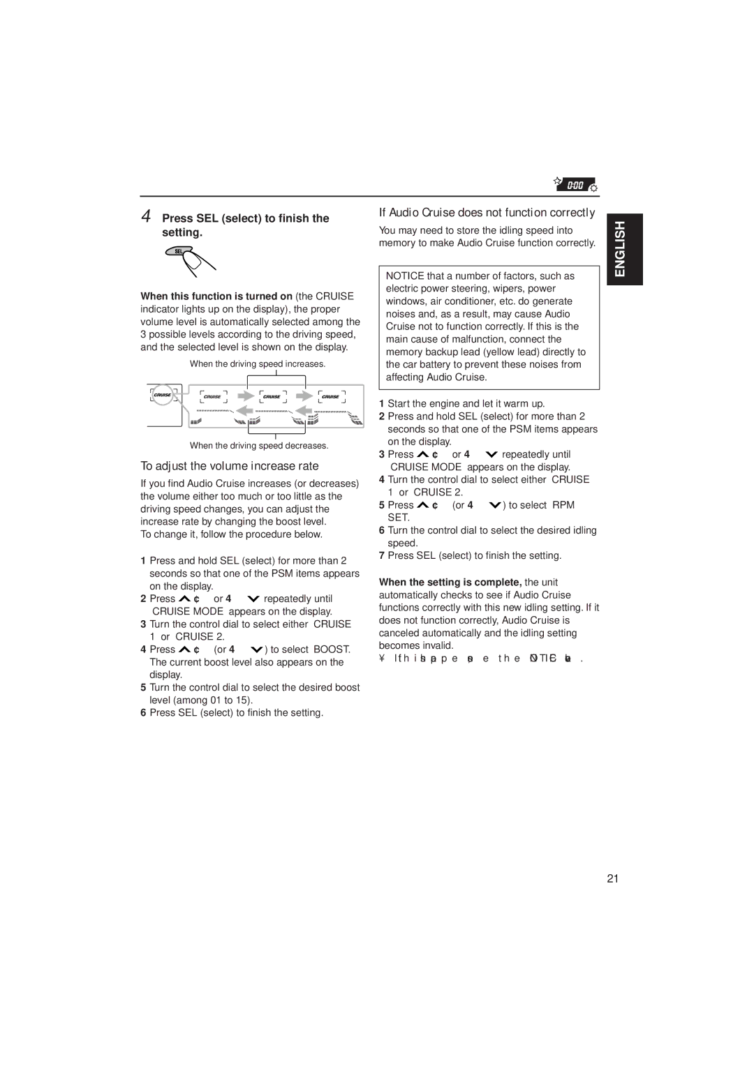 JVC KD-LX100 manual To adjust the volume increase rate, If Audio Cruise does not function correctly 