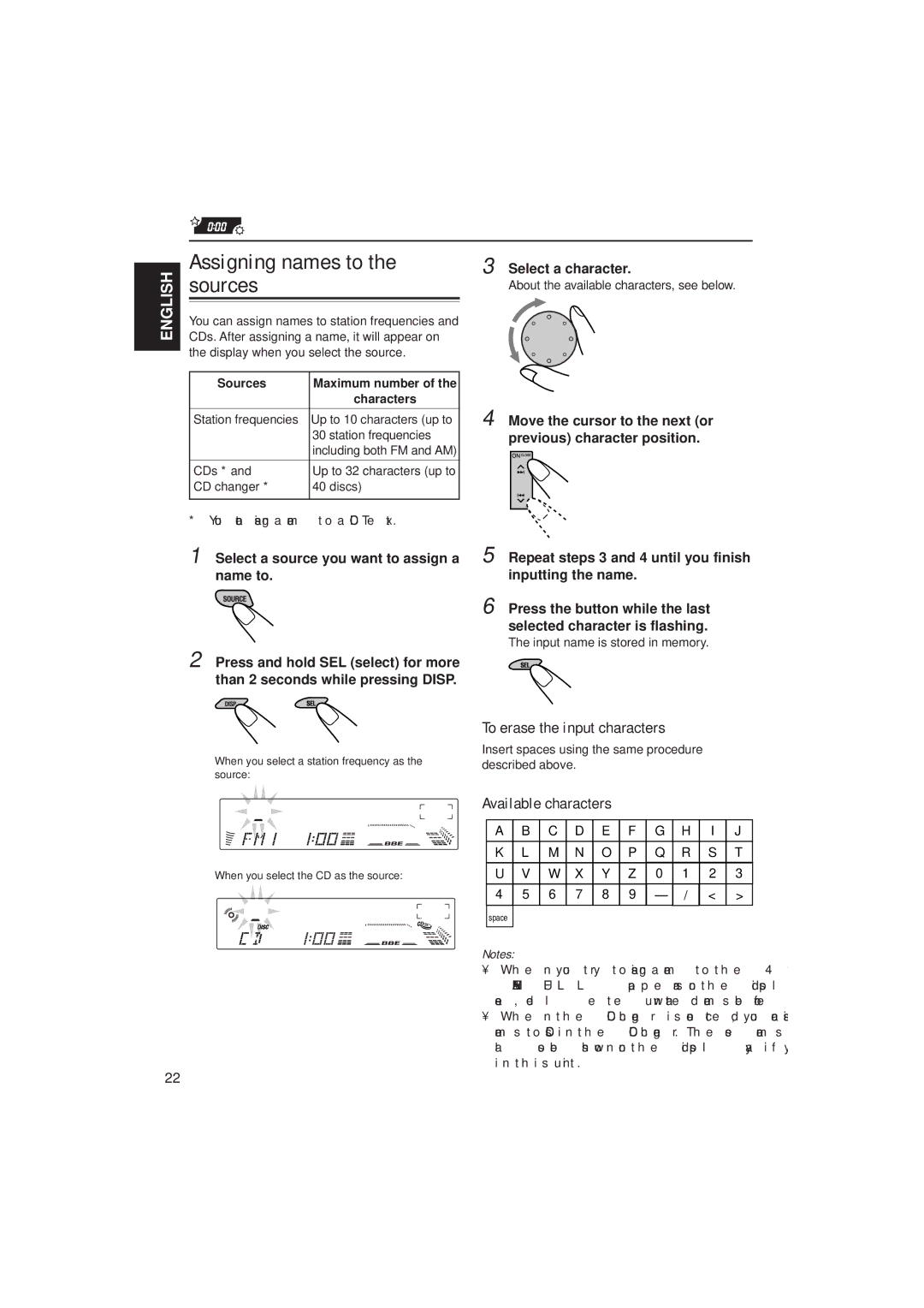 JVC KD-LX100 manual Assigning names to the sources, To erase the input characters, Available characters, Select a character 