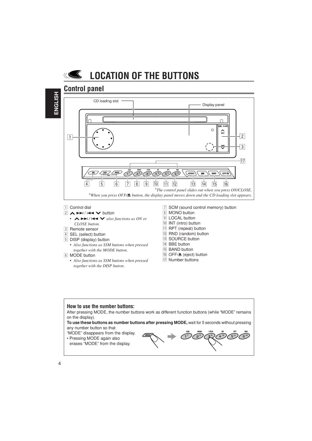 JVC KD-LX100 manual Location of the Buttons, Control panel, How to use the number buttons 