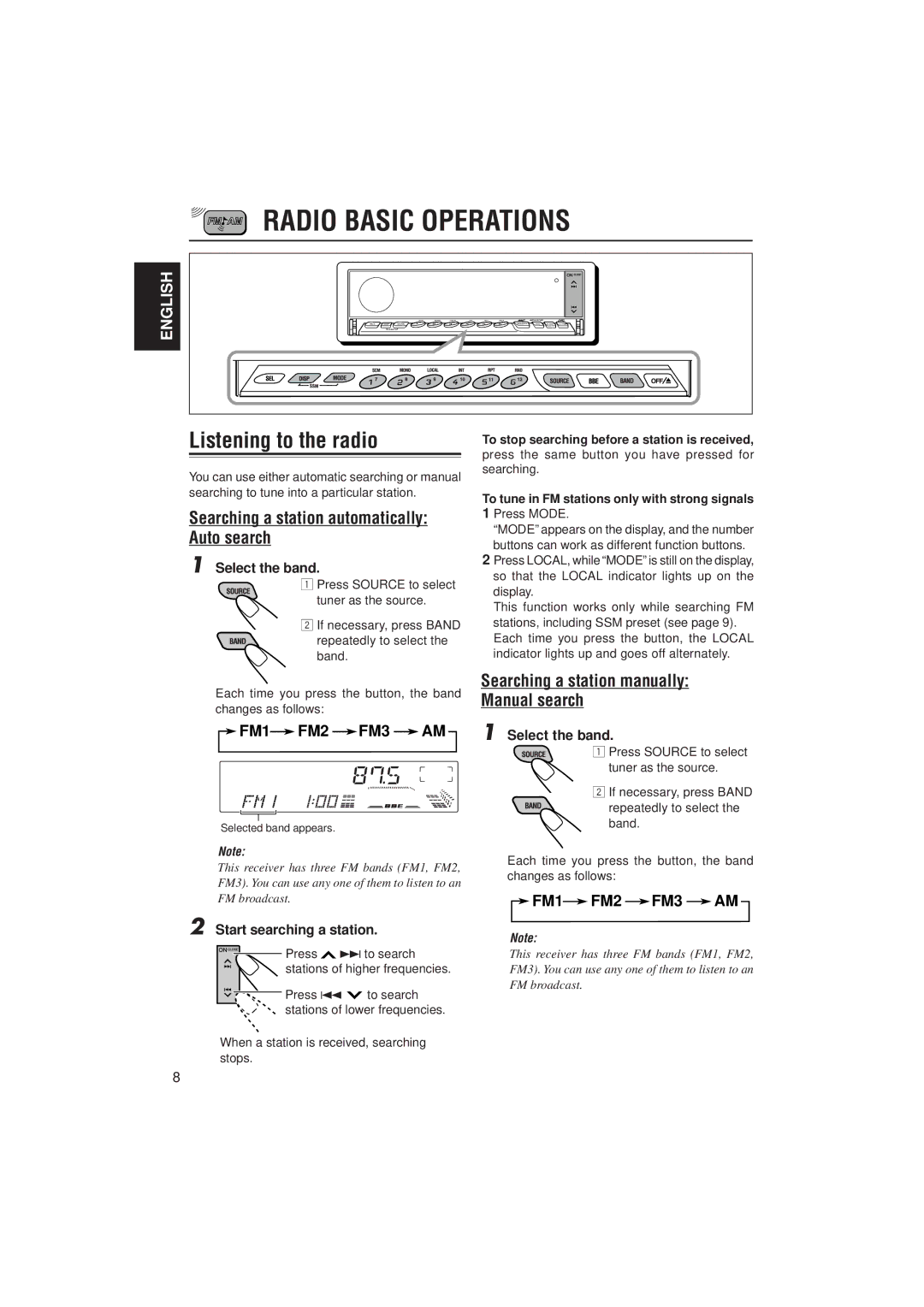 JVC KD-LX100 Radio Basic Operations, Listening to the radio, Searching a station automatically Auto search, FM1 FM2 FM3 AM 