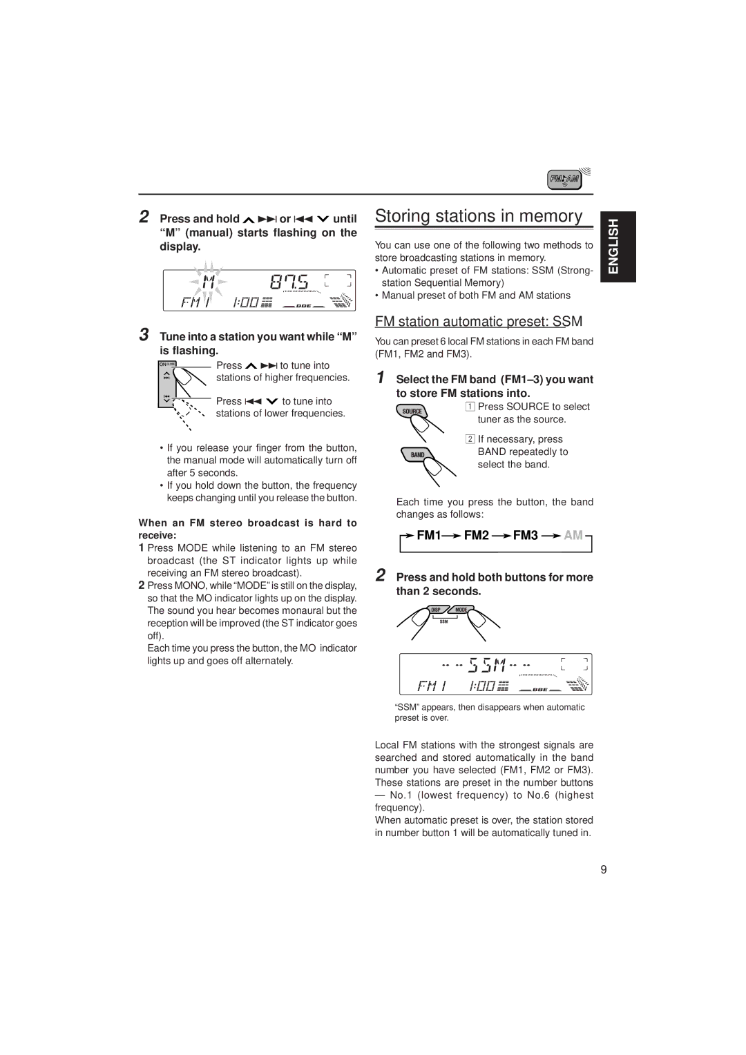 JVC KD-LX100 manual FM station automatic preset SSM, Tune into a station you want while M is flashing 