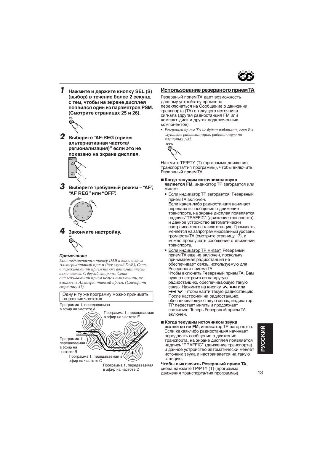 JVC KD-LX333R, KD-LX111R manual Иñïîëüçîâàíèå ðåçåðâíîãî ïðèåìТА, Чòîáû âûêëþ÷èòü Рåçåðâíûé ïðèåì ТА 