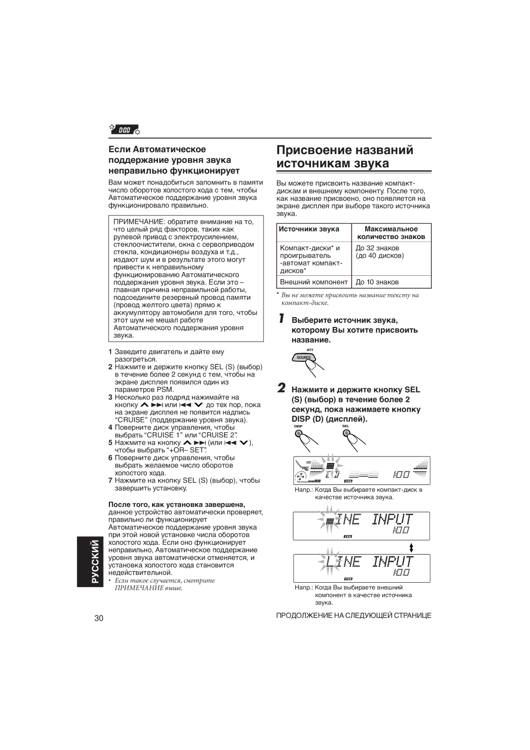 JVC KD-LX111R, KD-LX333R manual Пðèñâîåíèå íàçâàíèé èñòî÷íèêàì çâóêà, Иñòî÷íèêè çâóêà Мàêñèìàëüíîå Êîëè÷åñòâî çíàêîâ 