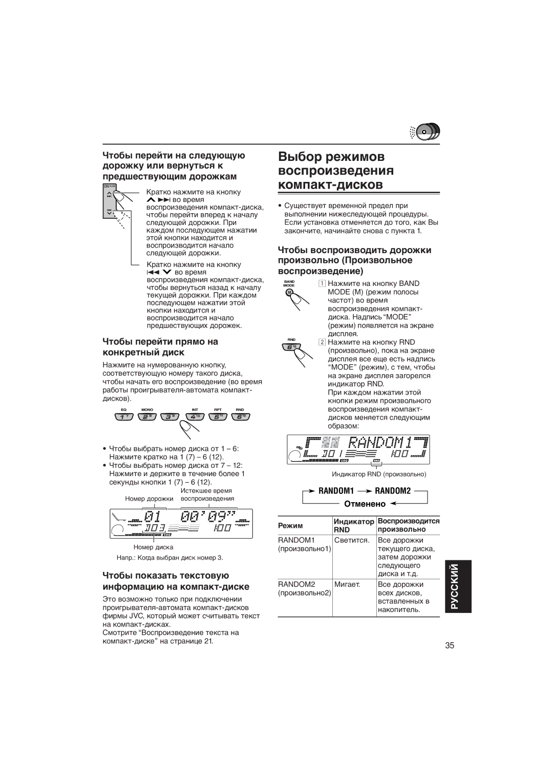 JVC KD-LX333R manual Чòîáû ïåðåéòè ïðяìî íà êîíêðåòíûé äèñê, Чòîáû ïîêàçàòü òåêñòîâóþ èíôîðìàöèþ íà êîìïàêò-äèñêå, Оòìåíåíî 