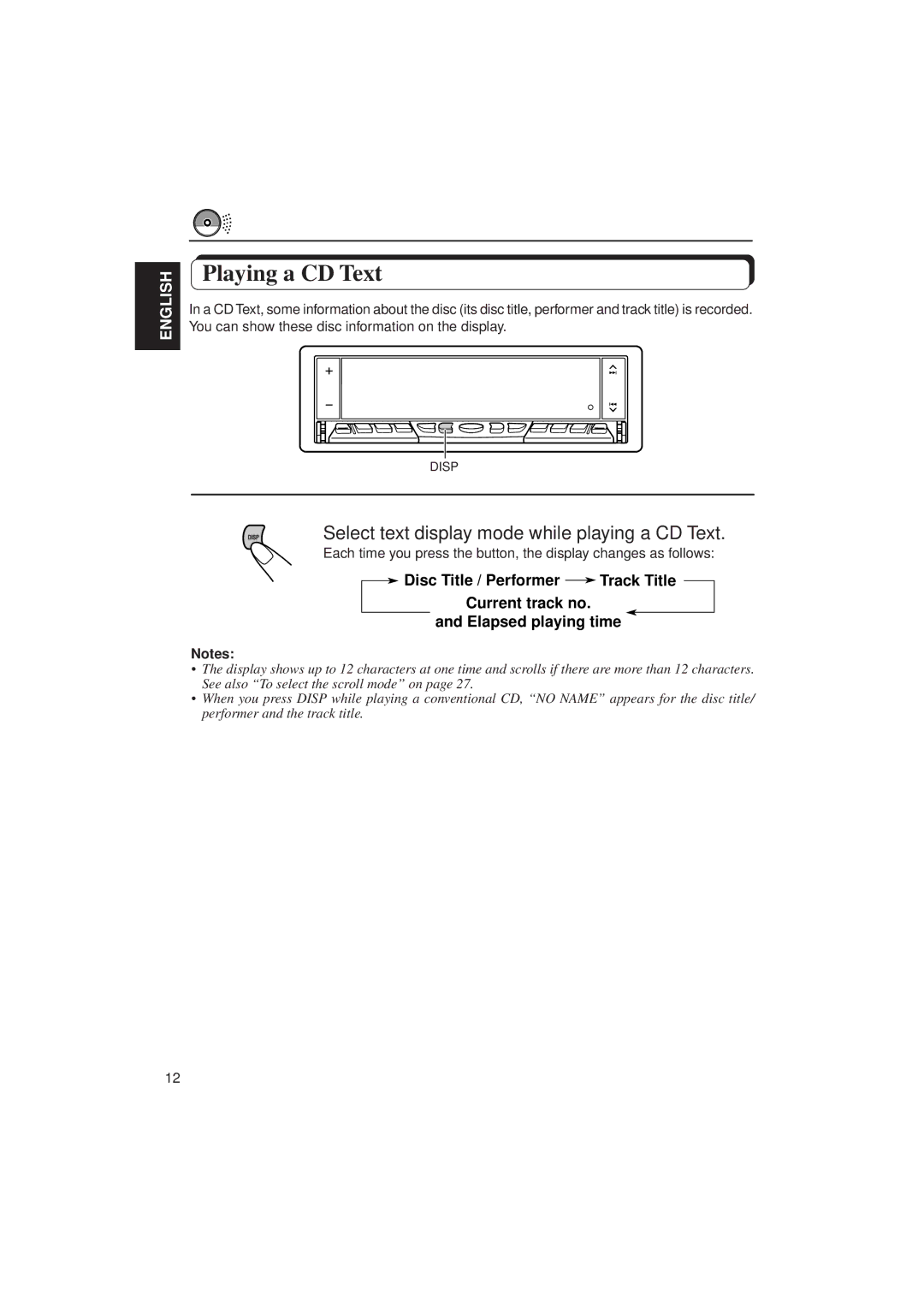 JVC KD-LX30 manual Playing a CD Text, Select text display mode while playing a CD Text 