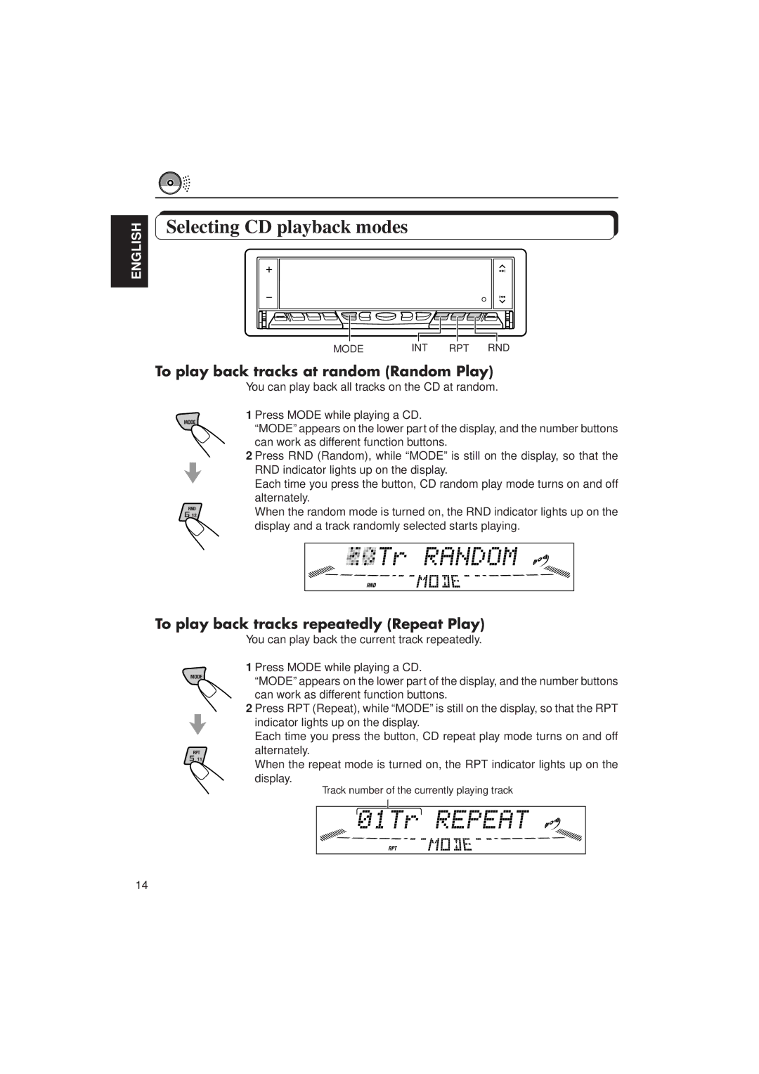 JVC KD-LX30 manual Selecting CD playback modes, To play back tracks at random Random Play 