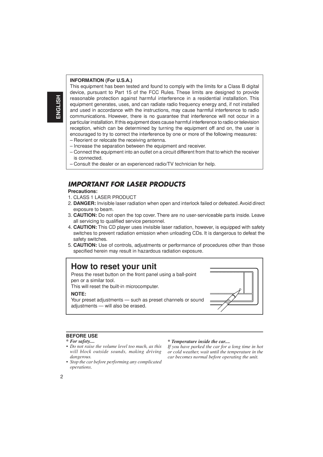 JVC KD-LX30 manual Information For U.S.A, Precautions 