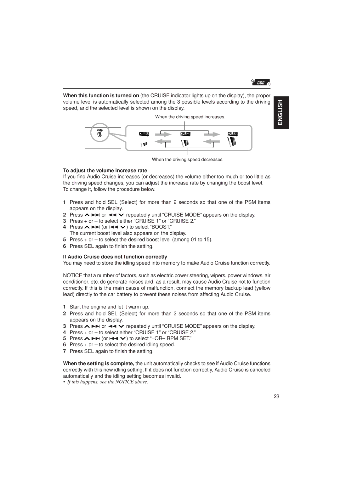 JVC KD-LX30 manual To adjust the volume increase rate, If Audio Cruise does not function correctly 