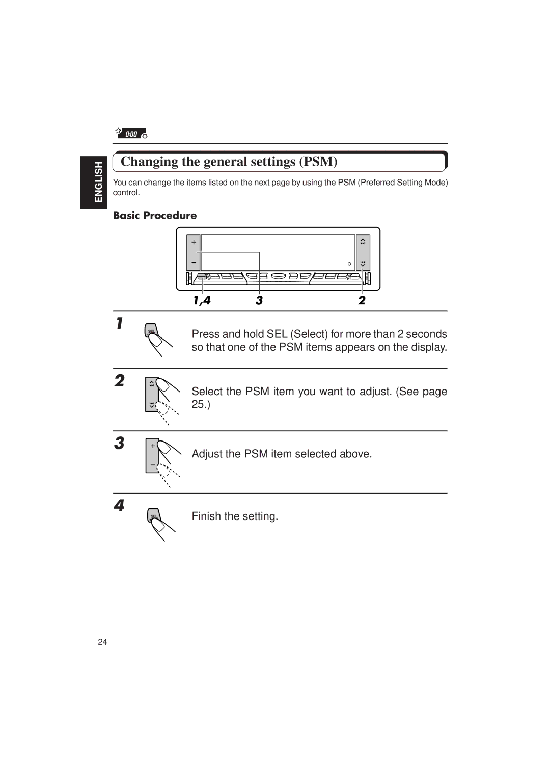 JVC KD-LX30 manual Changing the general settings PSM, Basic Procedure 