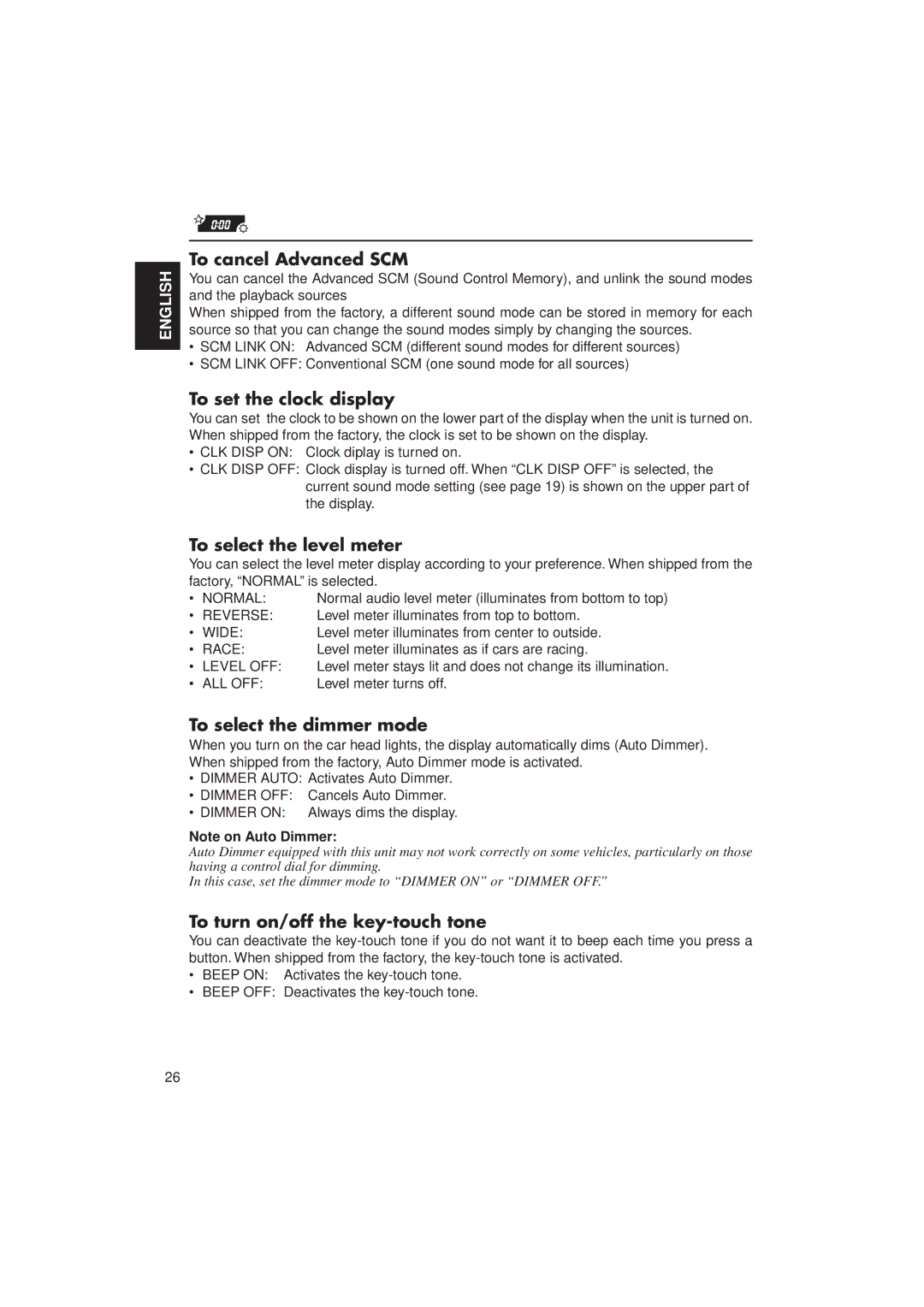 JVC KD-LX30 manual To cancel Advanced SCM, To set the clock display, To select the level meter, To select the dimmer mode 