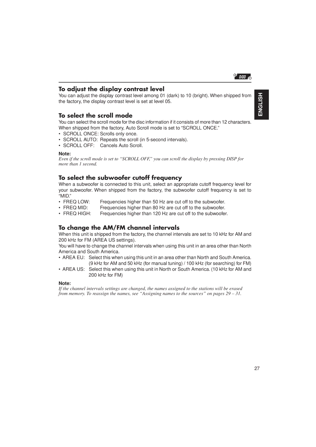 JVC KD-LX30 To adjust the display contrast level, To select the scroll mode, To select the subwoofer cutoff frequency 