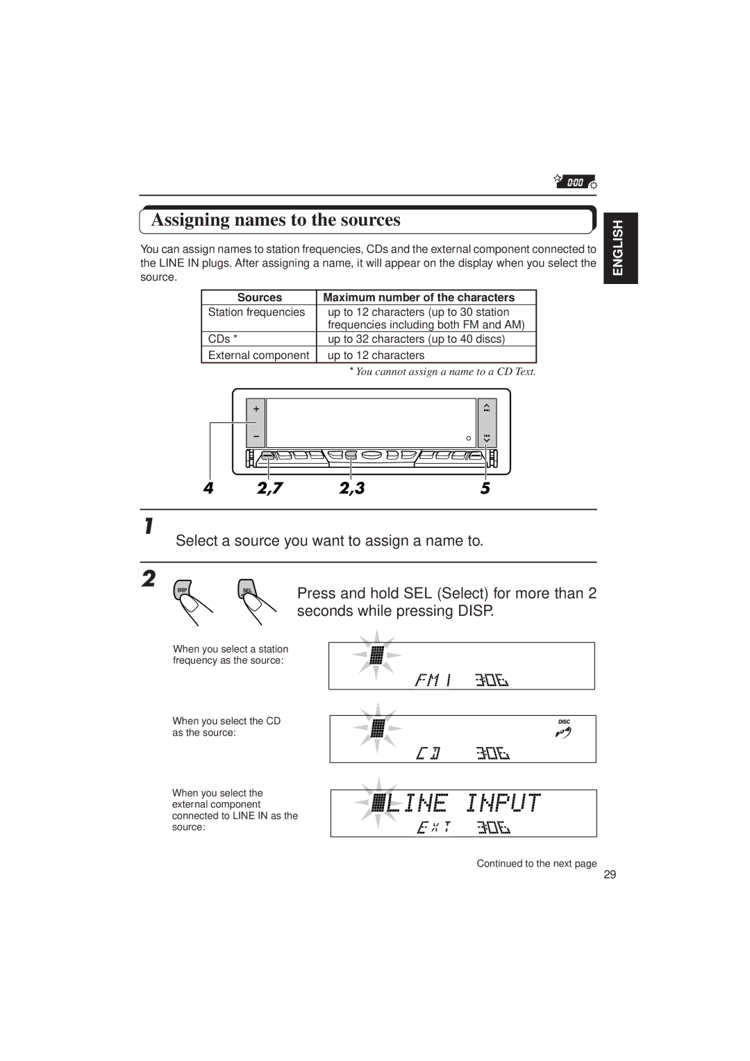 JVC KD-LX30 manual Assigning names to the sources, Sources Maximum number of the characters 