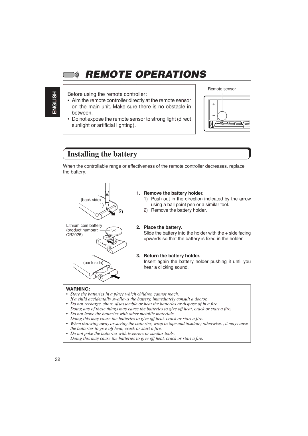 JVC KD-LX30 manual Remote Operations, Installing the battery, Remove the battery holder, Place the battery 