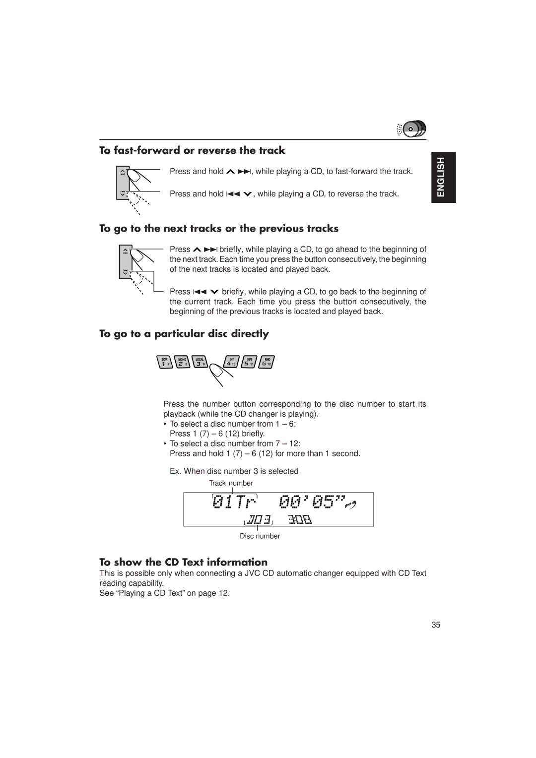 JVC KD-LX30 manual To go to a particular disc directly, To show the CD Text information 