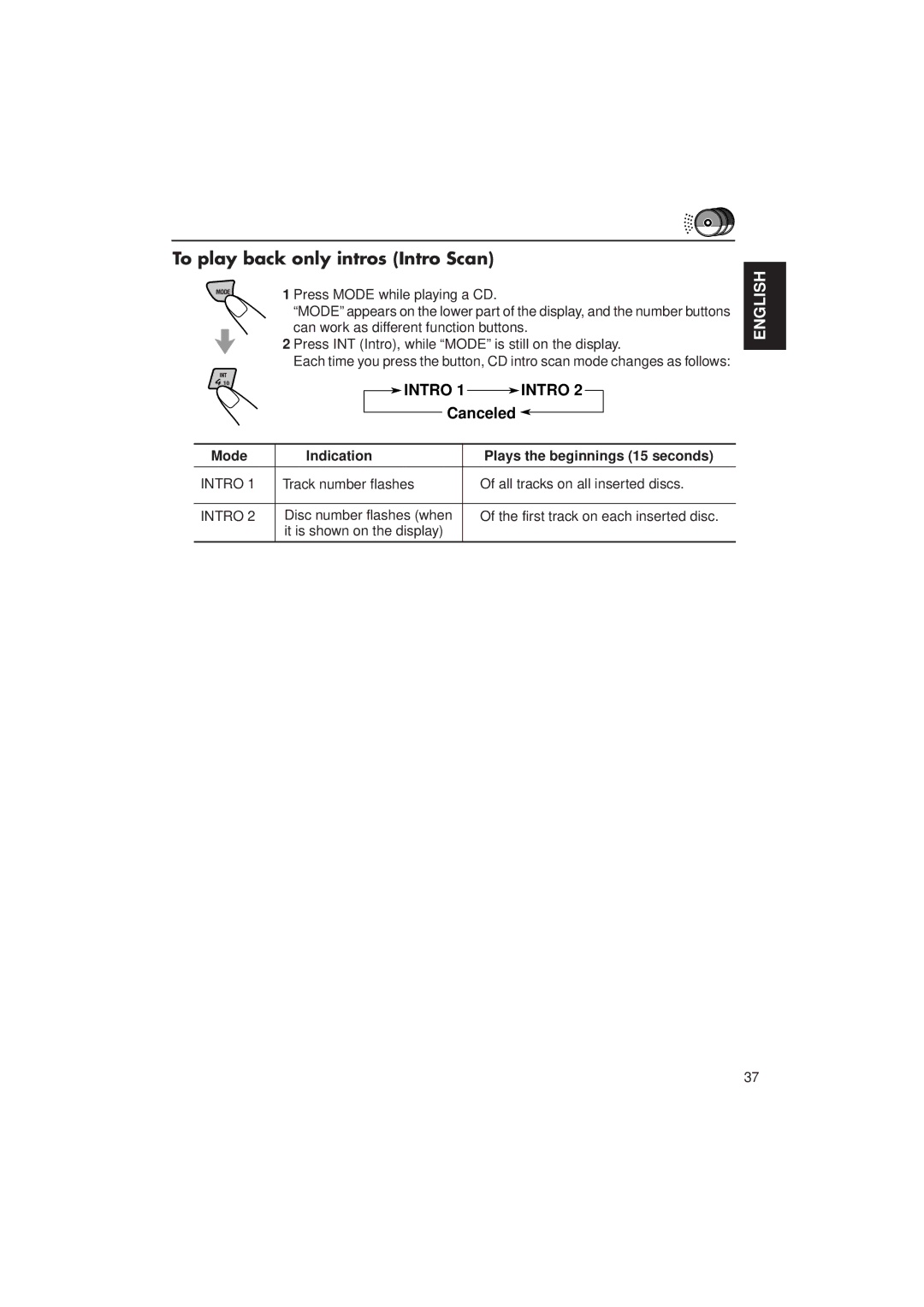 JVC KD-LX30 manual Intro, Mode Indication Plays the beginnings 15 seconds 