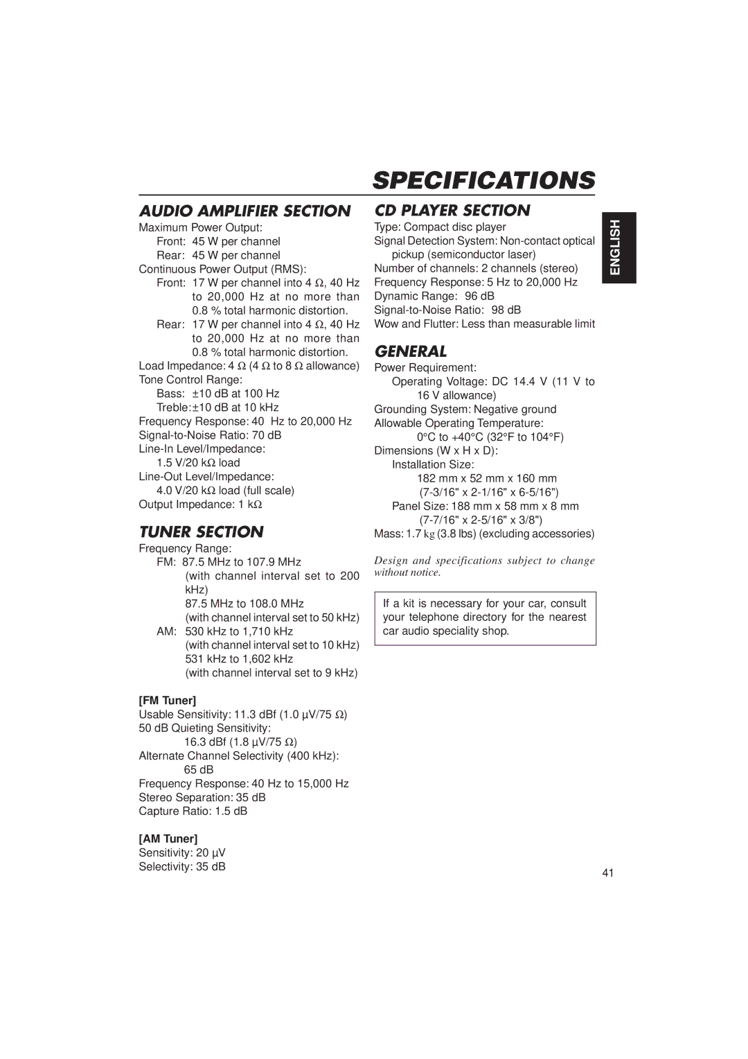 JVC KD-LX30 manual Specifications, FM Tuner, AM Tuner 