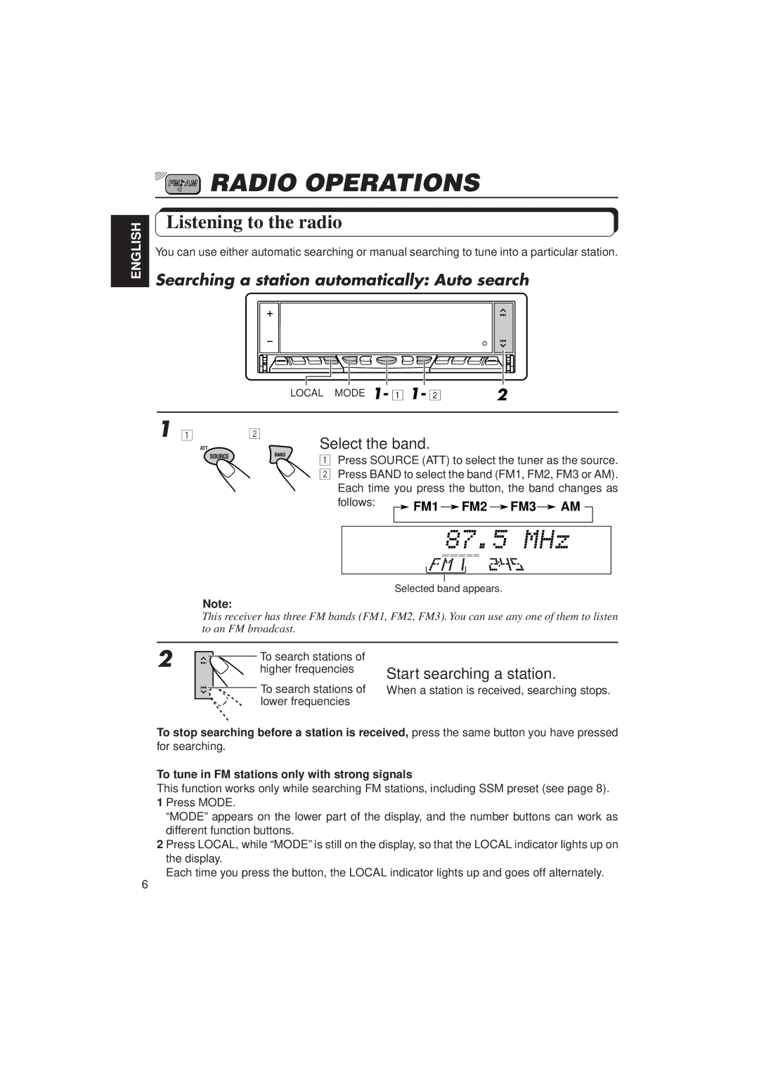 JVC KD-LX30 manual Radio Operations, Listening to the radio, Searching a station automatically Auto search, Mode 1- 1 1 