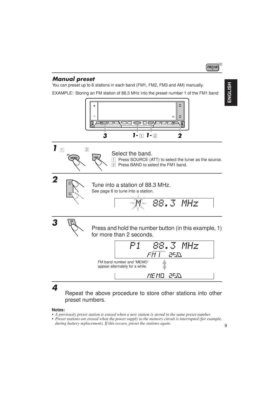 JVC KD-LX30 manual Manual preset, Tune into a station of 88.3 MHz 