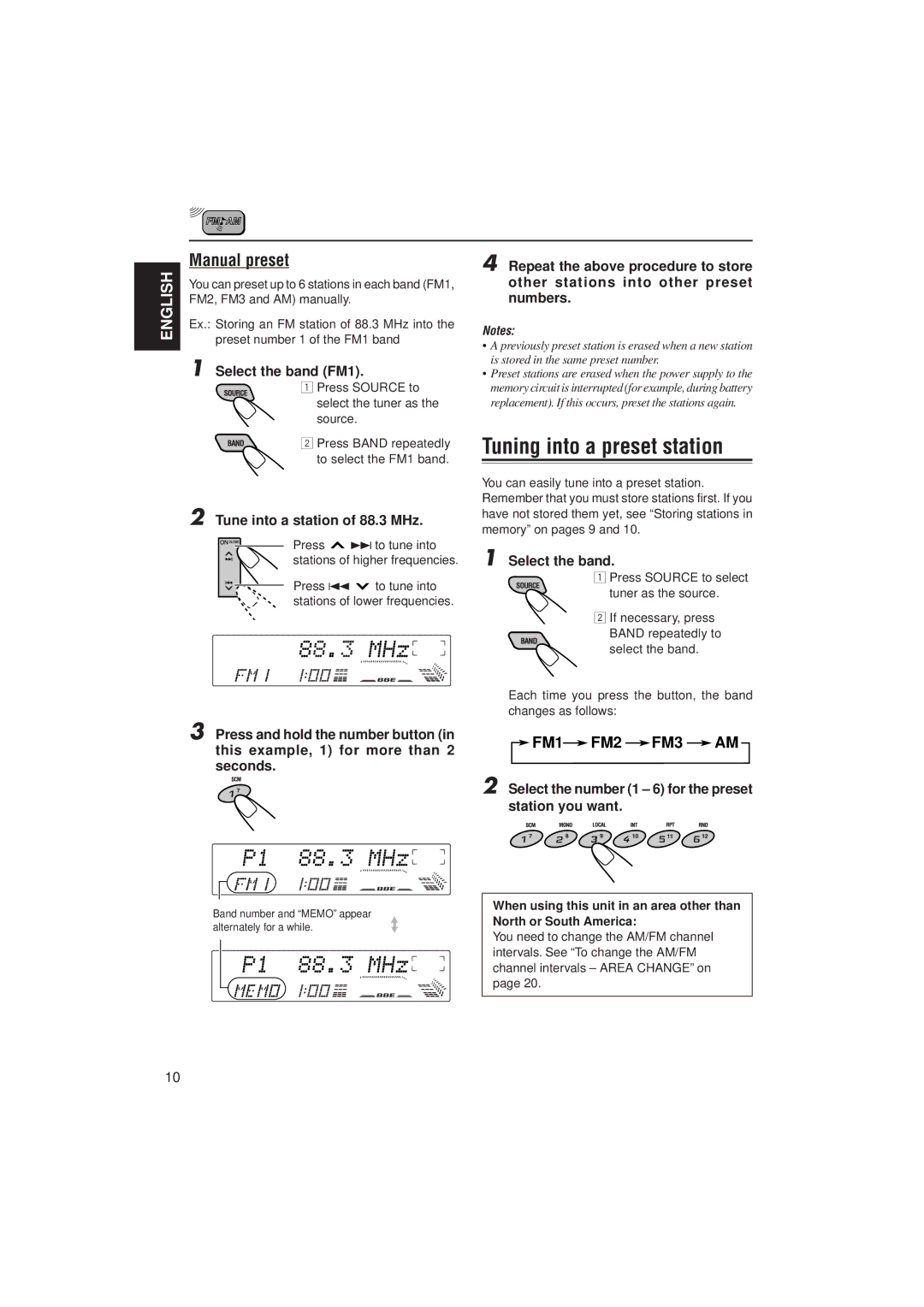 JVC KD-LX300 manual Tuning into a preset station, Manual preset, Select the band FM1, Tune into a station of 88.3 MHz 