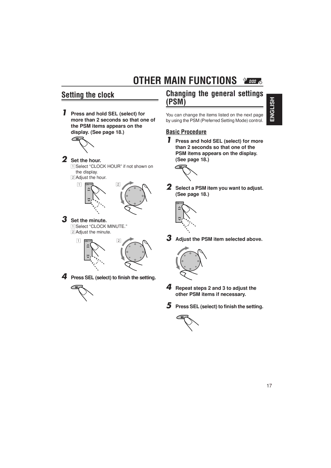 JVC KD-LX300 manual Other Main Functions, Setting the clock, Changing the general settings PSM, Basic Procedure 